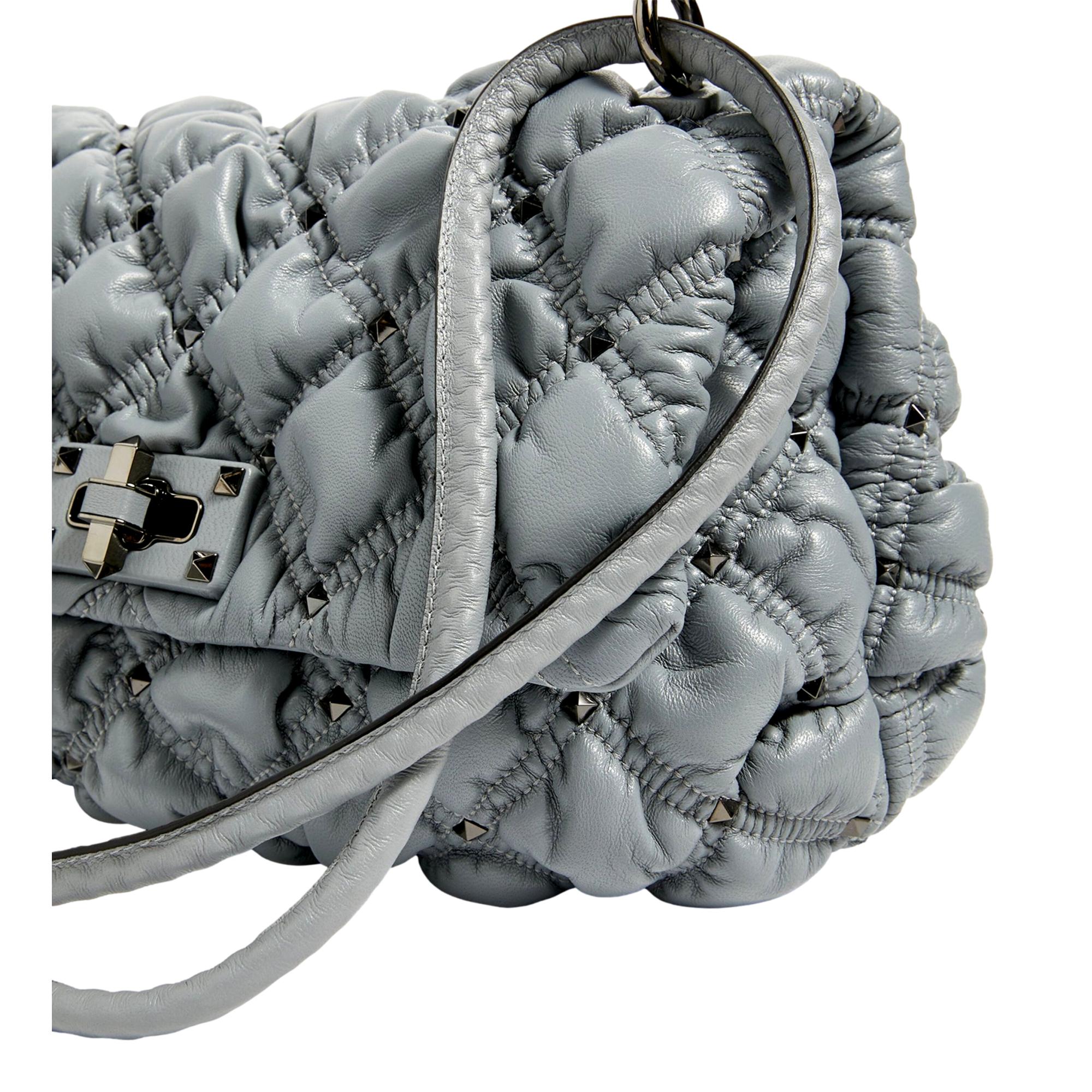 Valentino Garavani Spike Me Gray Studded Leather Medium Crossbody Bag at_Queen_Bee_of_Beverly_Hills