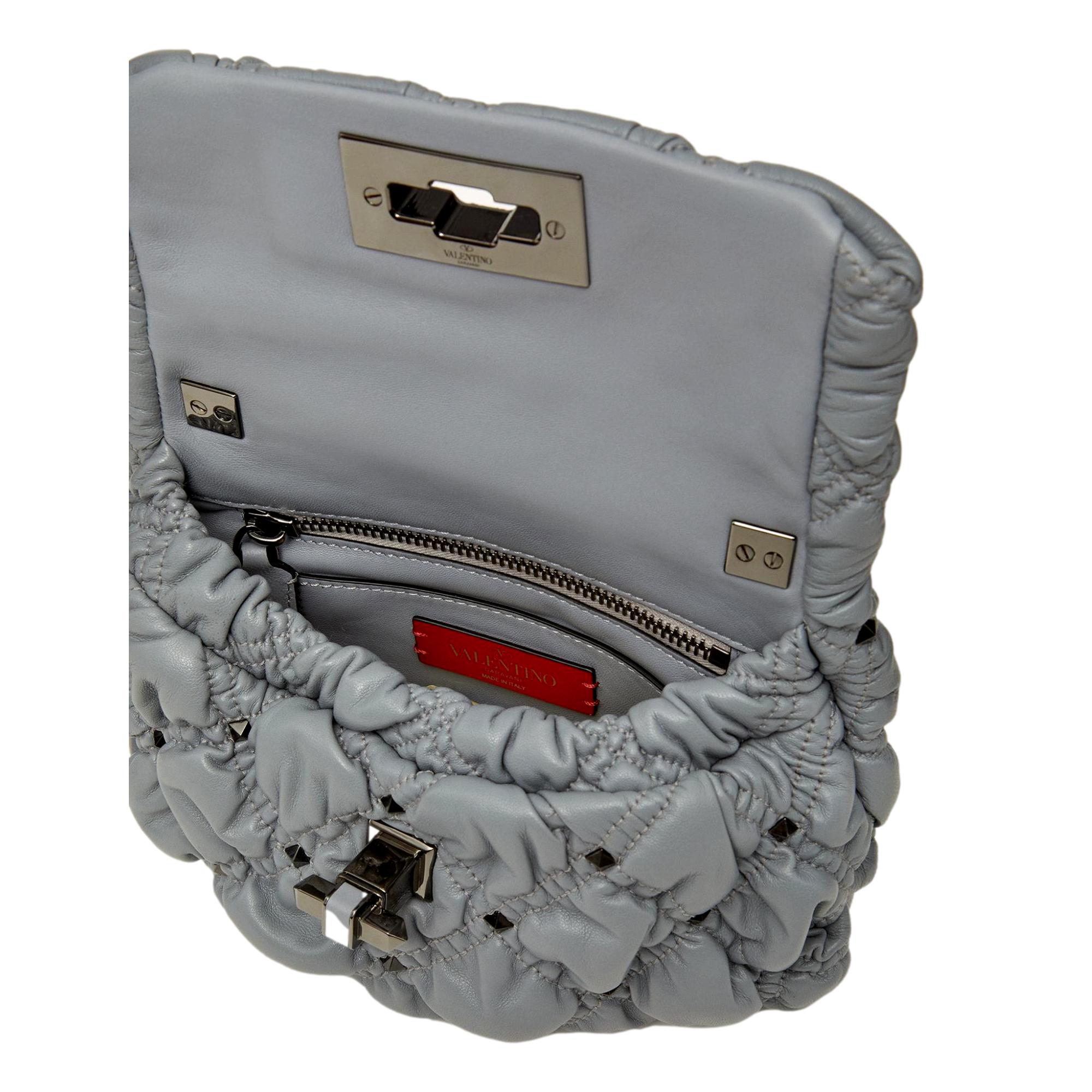 Valentino Garavani Spikeme Gray Studded Leather Small Crossbody Bag at_Queen_Bee_of_Beverly_Hills