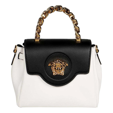 Versace La Medusa Black and White Calf Leather Satchel Crossbody Bag at_Queen_Bee_of_Beverly_Hills