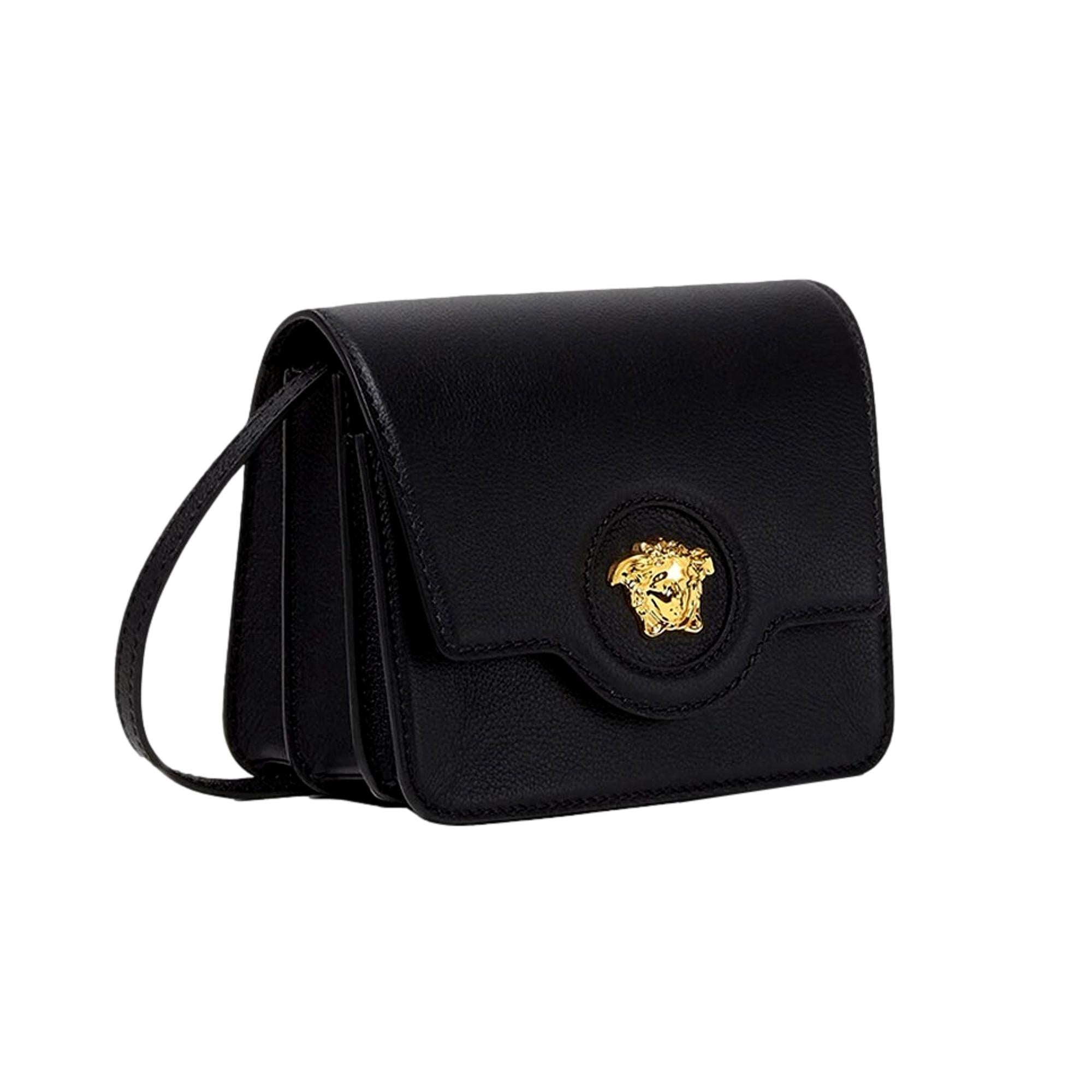 Versace La Medusa Black Pebbled Leather Crossbody Bag at_Queen_Bee_of_Beverly_Hills