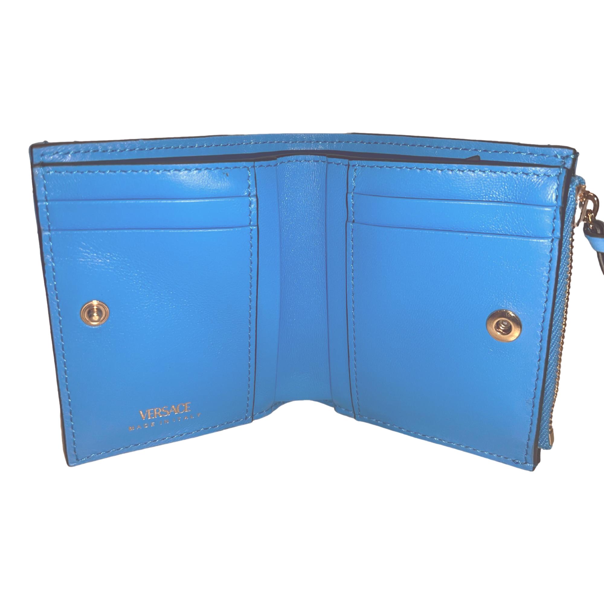 Versace La Medusa Blue Quilted Lamb Leather Compact Snap Wallet at_Queen_Bee_of_Beverly_Hills