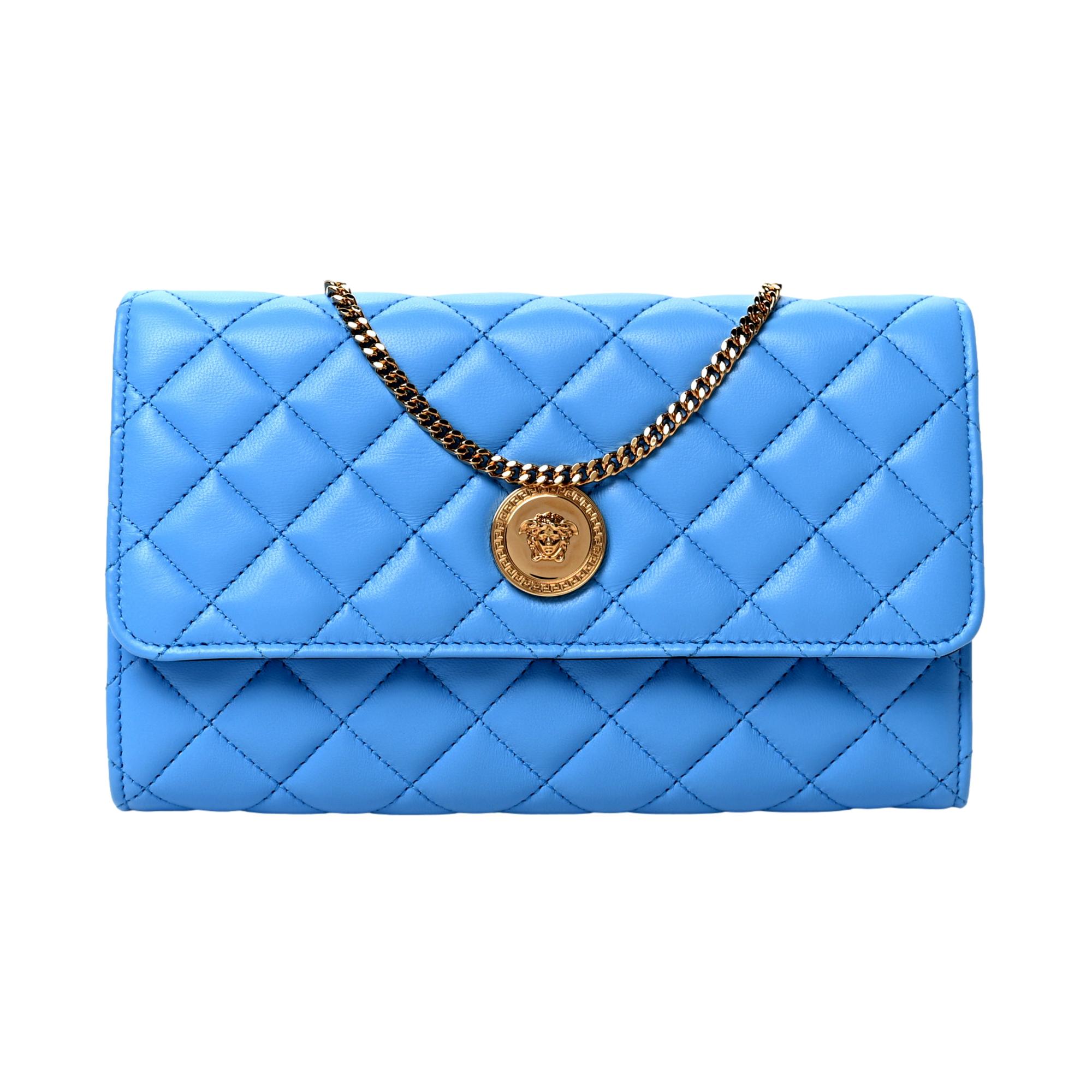 Versace La Medusa Blue Quilted Lamb Leather Crossbody Clutch Bag at_Queen_Bee_of_Beverly_Hills