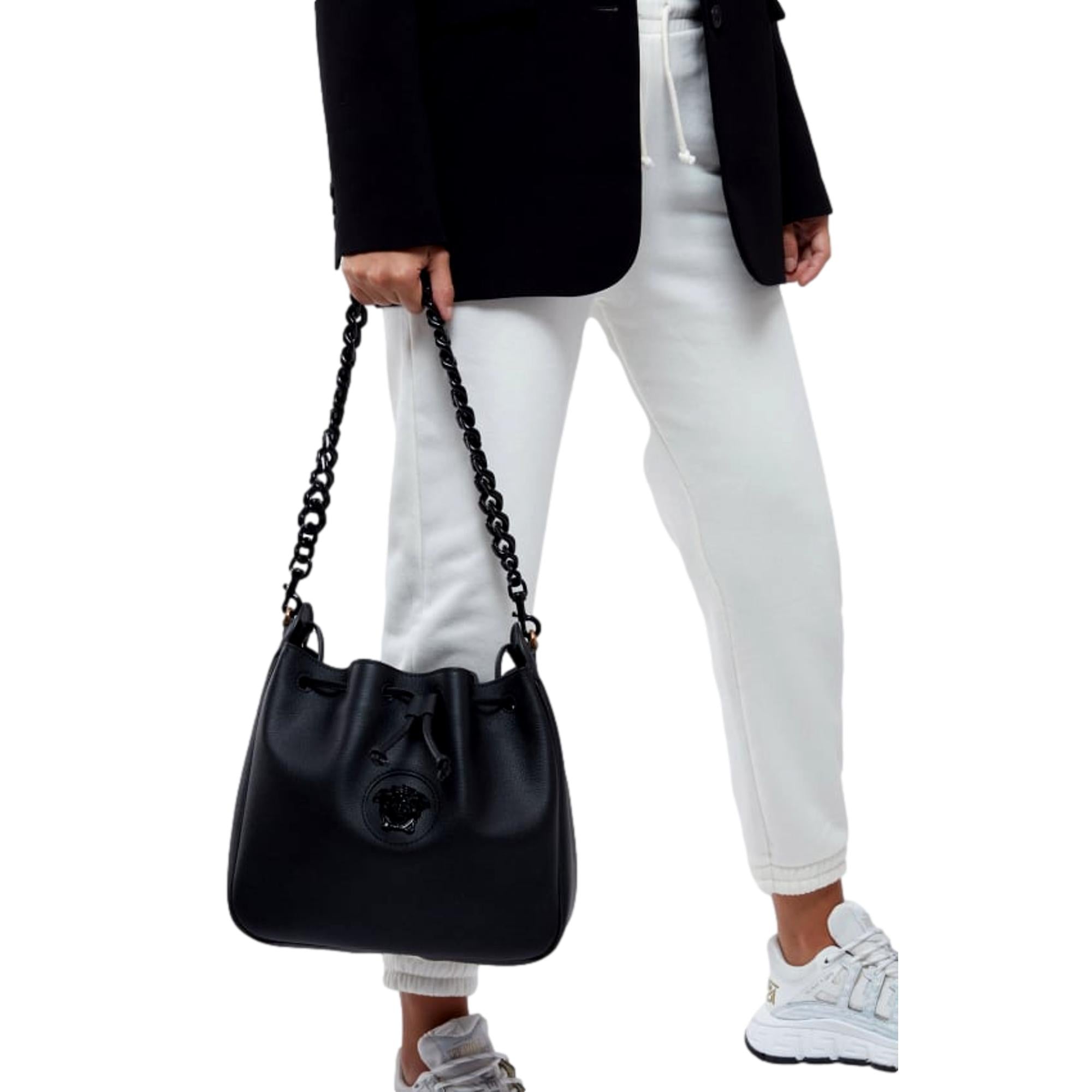 Versace La Medusa Leather Bucket Bag Black 1003013 at_Queen_Bee_of_Beverly_Hills