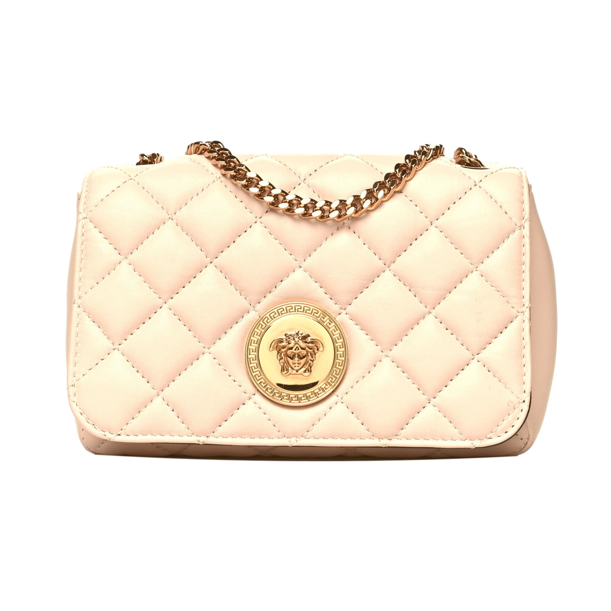Versace La Medusa Nappa Quilted Beige Leather Chain Crossbody Bag at_Queen_Bee_of_Beverly_Hills