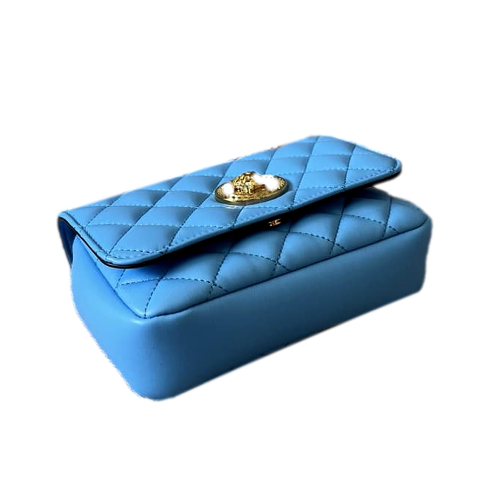 Versace Medusa Nappa Quilted Blue Leather Chain Crossbody at_Queen_Bee_of_Beverly_Hills