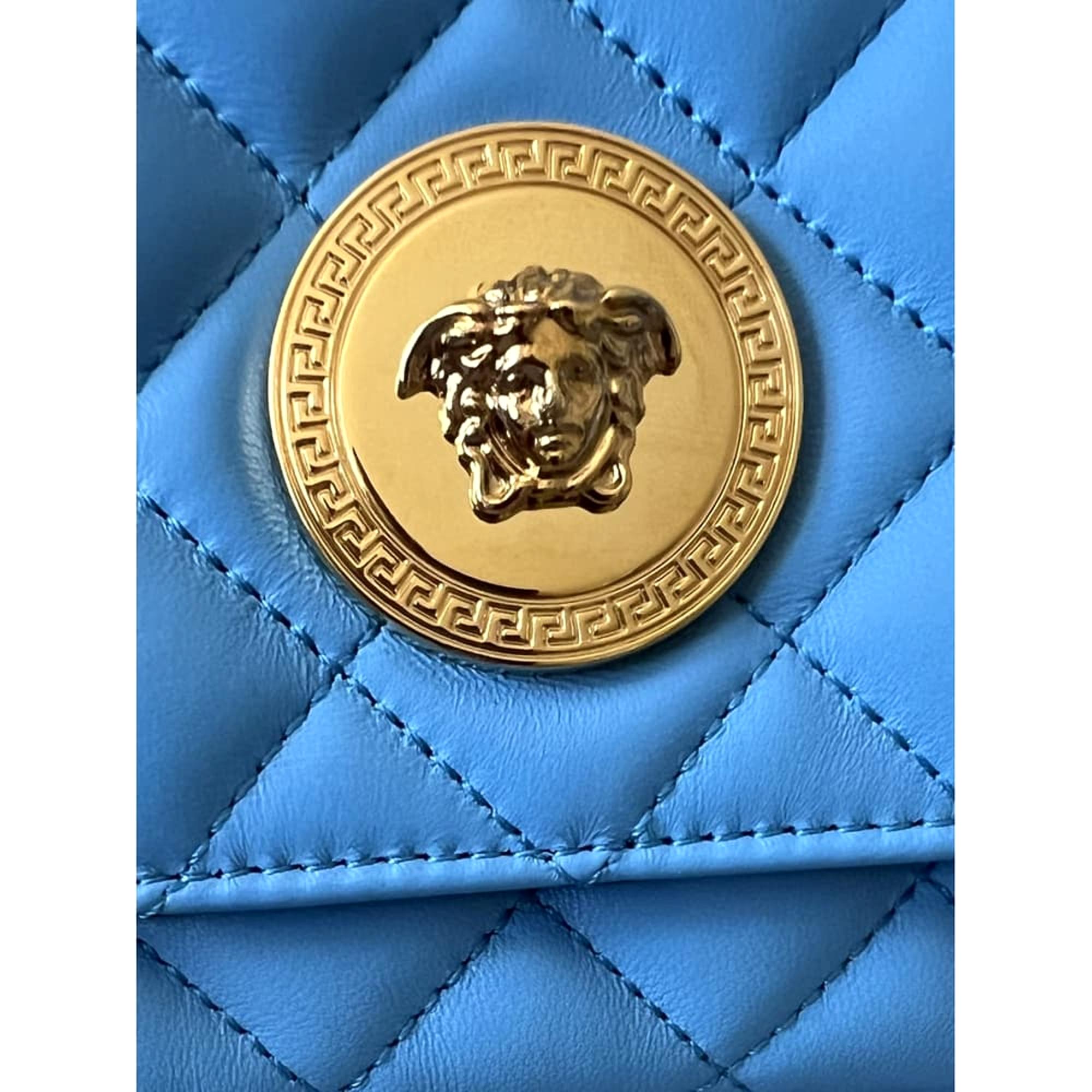 Versace Medusa Nappa Quilted Blue Leather Chain Crossbody at_Queen_Bee_of_Beverly_Hills