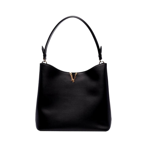 Versace Virtus Black Calf Leather Large Hobo Bag at_Queen_Bee_of_Beverly_Hills