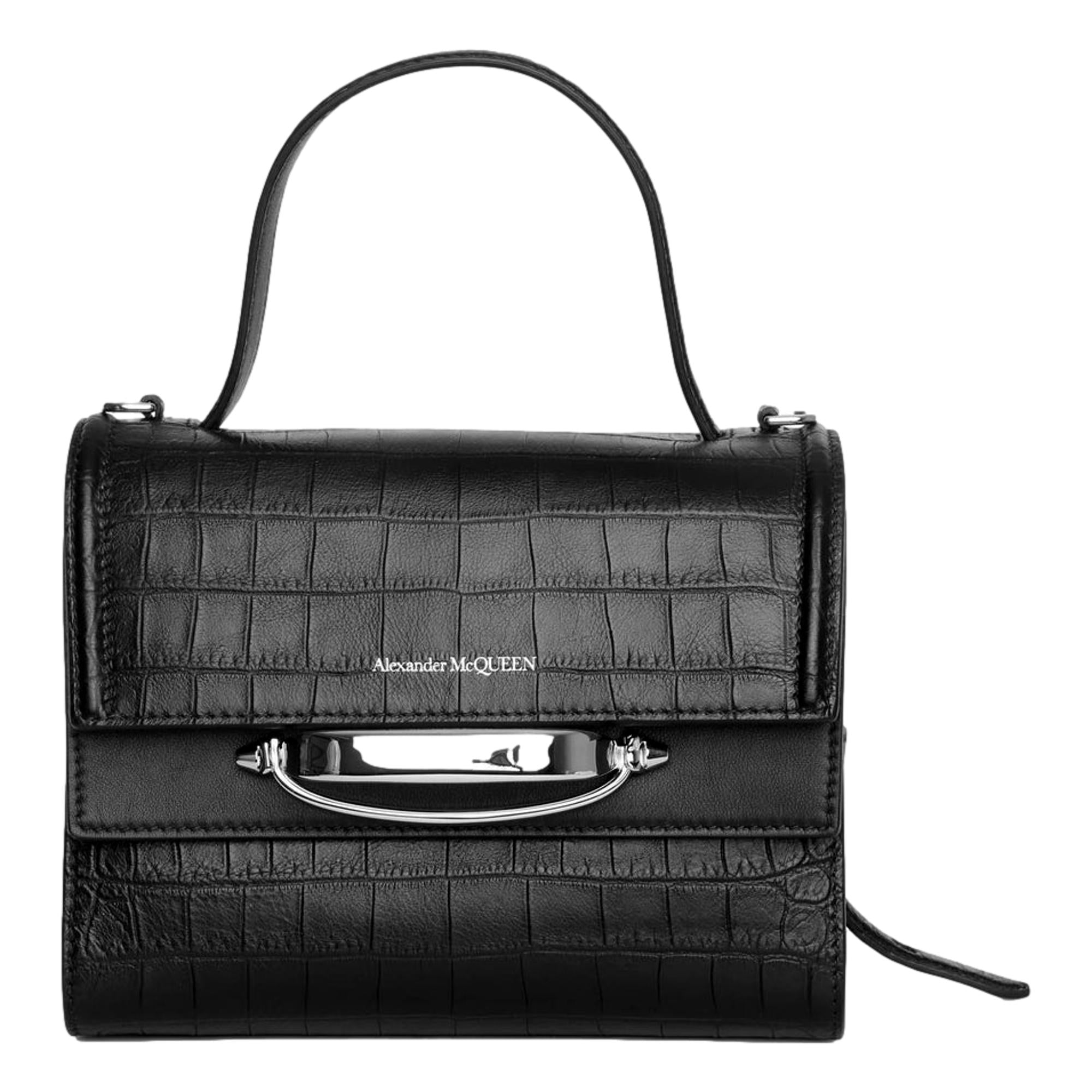 Alexander McQueen The Story Crocodile Print Calf Leather Black Satchel 619746 at_Queen_Bee_of_Beverly_Hills