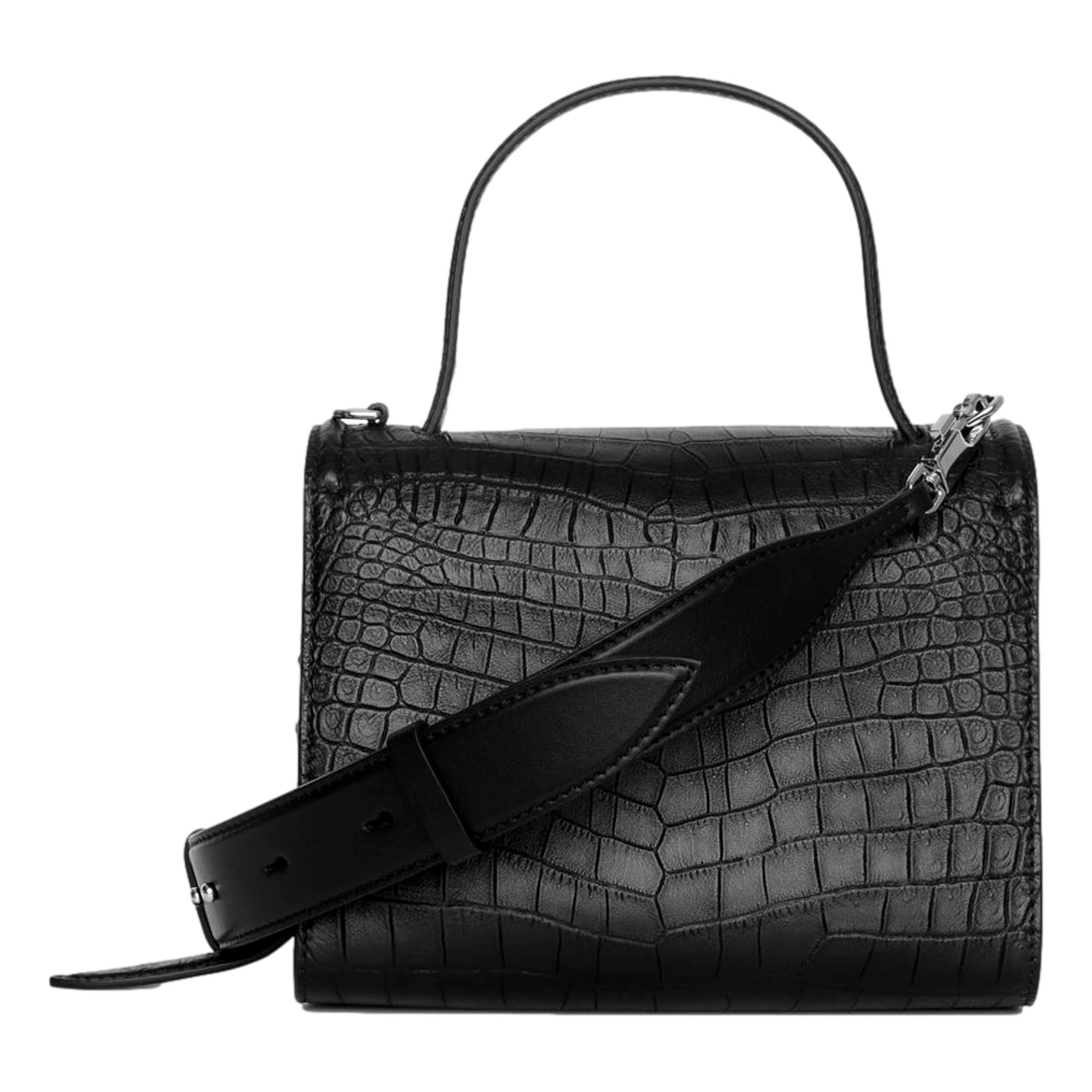 Alexander McQueen The Story Crocodile Print Calf Leather Black Satchel 619746 at_Queen_Bee_of_Beverly_Hills
