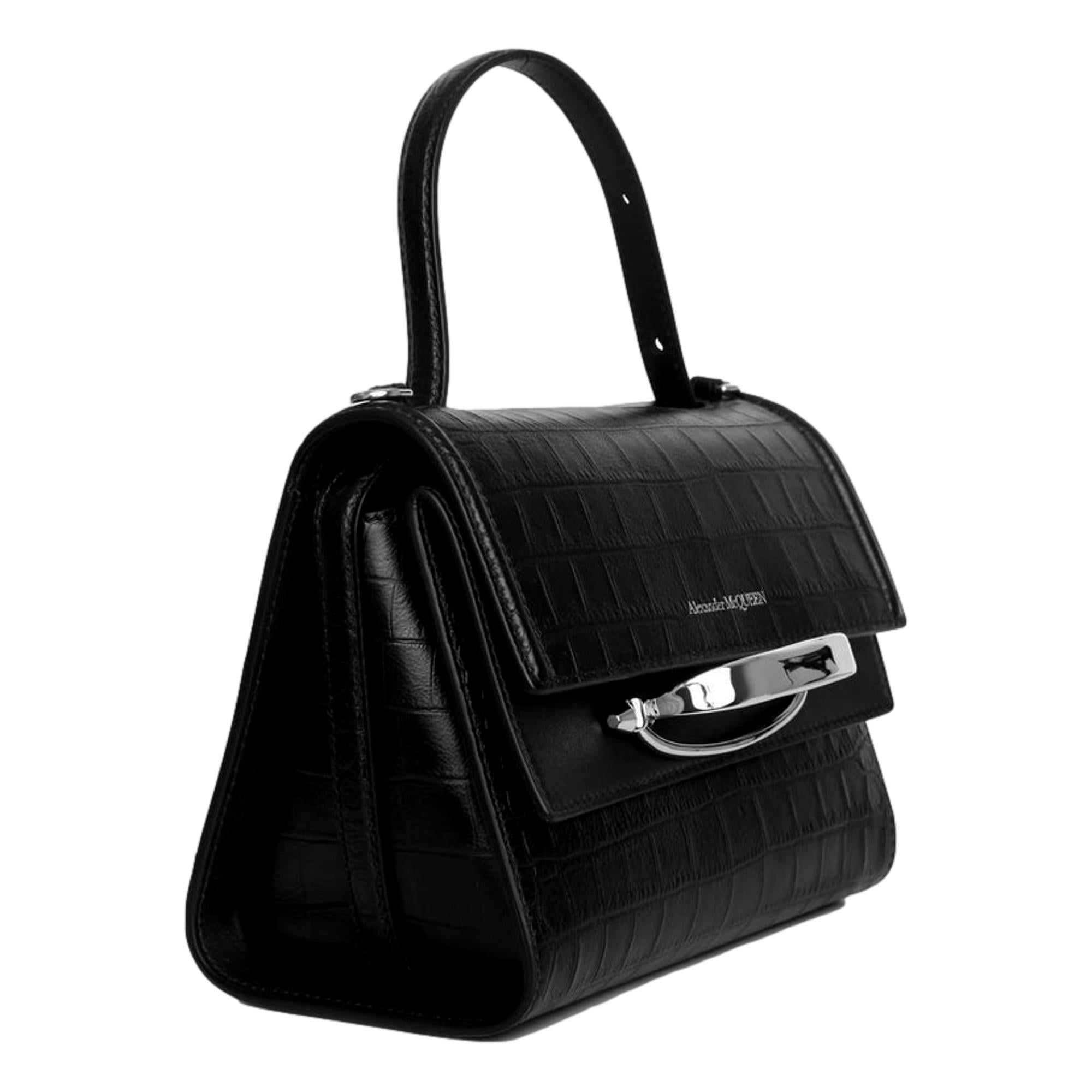 Alexander McQueen The Story Crocodile Print Calf Leather Black Satchel 619746 at_Queen_Bee_of_Beverly_Hills