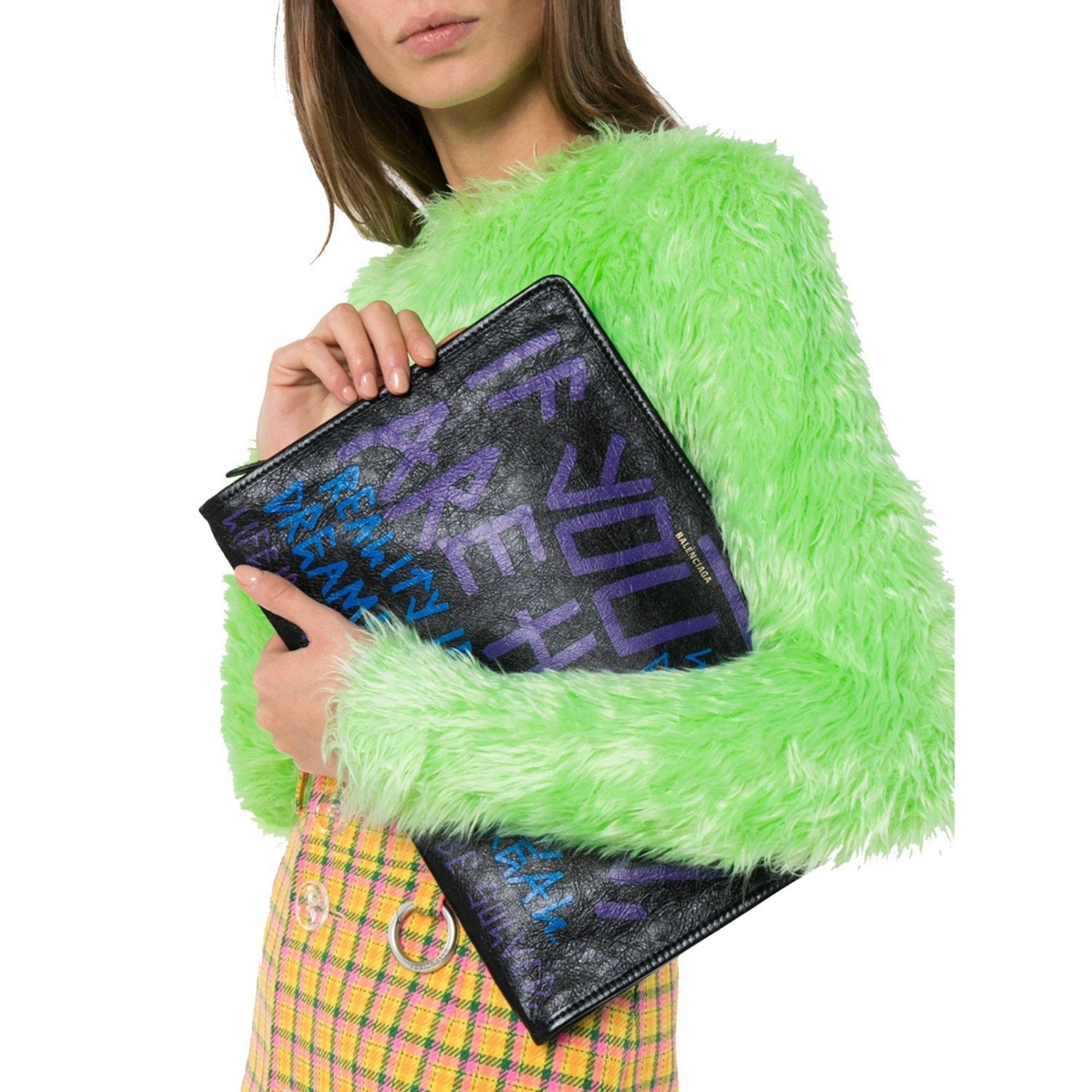 Balenciaga Bazar Graffiti Purple Blue Black Arena Leather Pouch 443658 at_Queen_Bee_of_Beverly_Hills