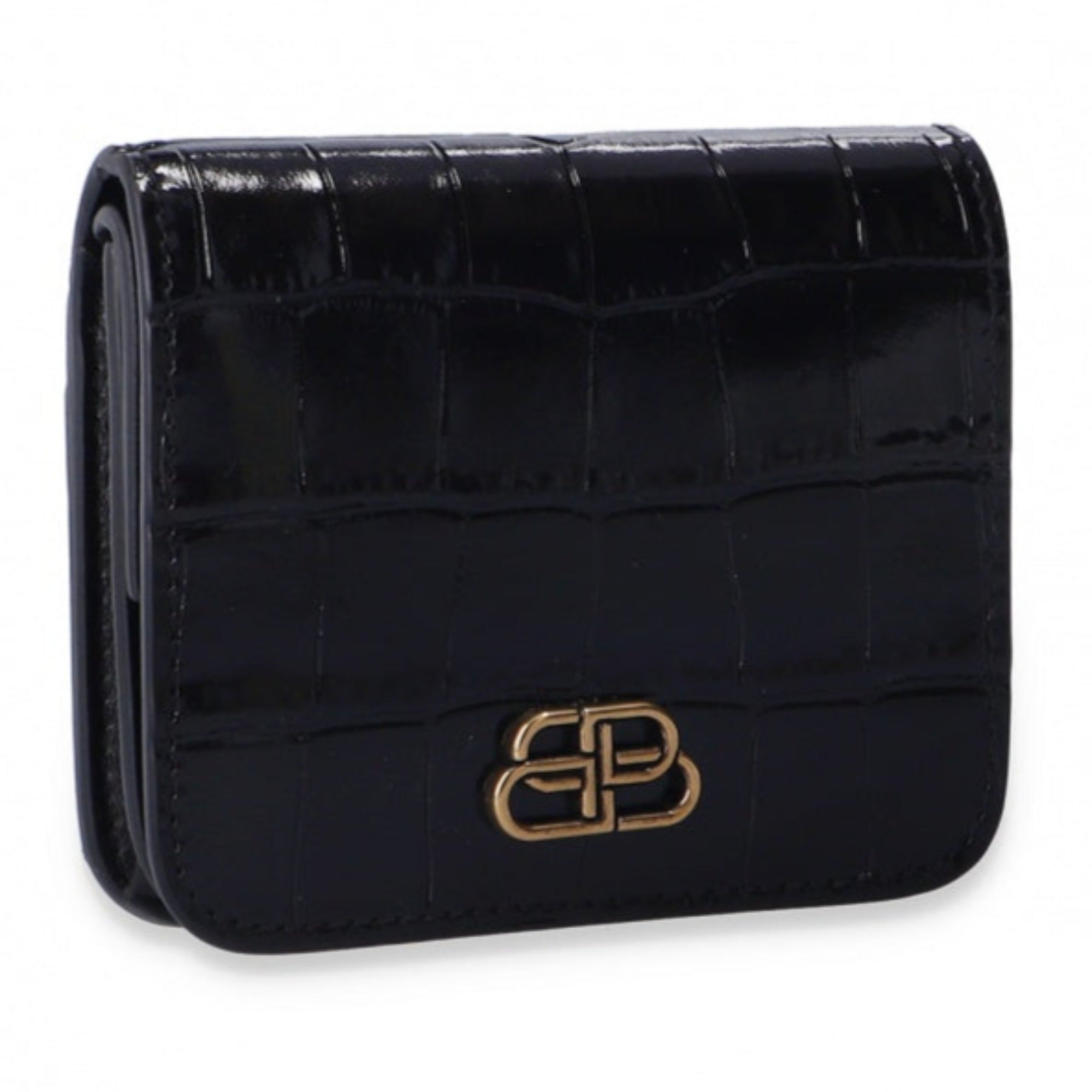 Balenciaga Black Calf Leather Crocodile Embossed Mini Wallet 601474 at_Queen_Bee_of_Beverly_Hills
