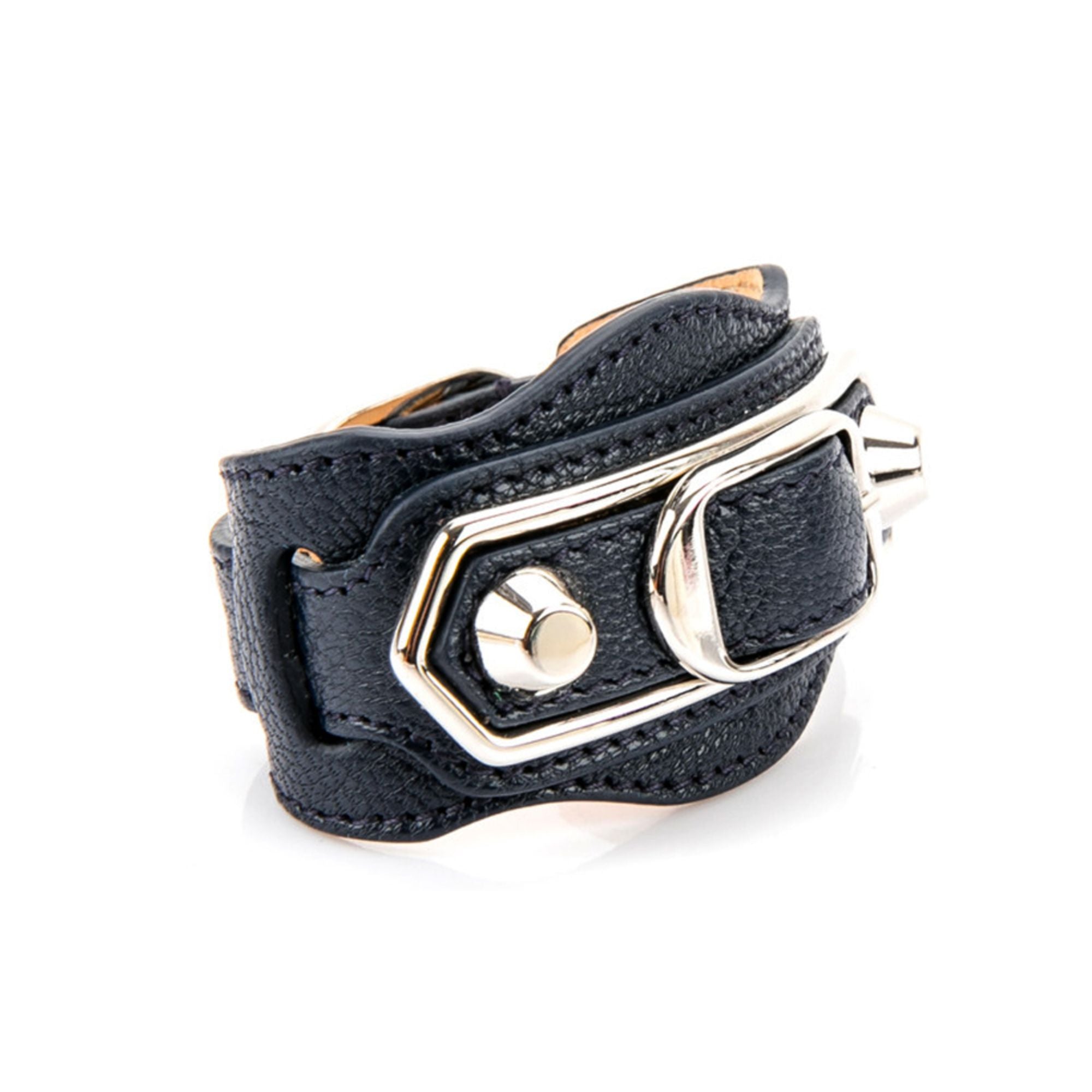 Balenciaga Black Shiny Calfskin Leather Studs Buckle Bracelet 390642 at_Queen_Bee_of_Beverly_Hills