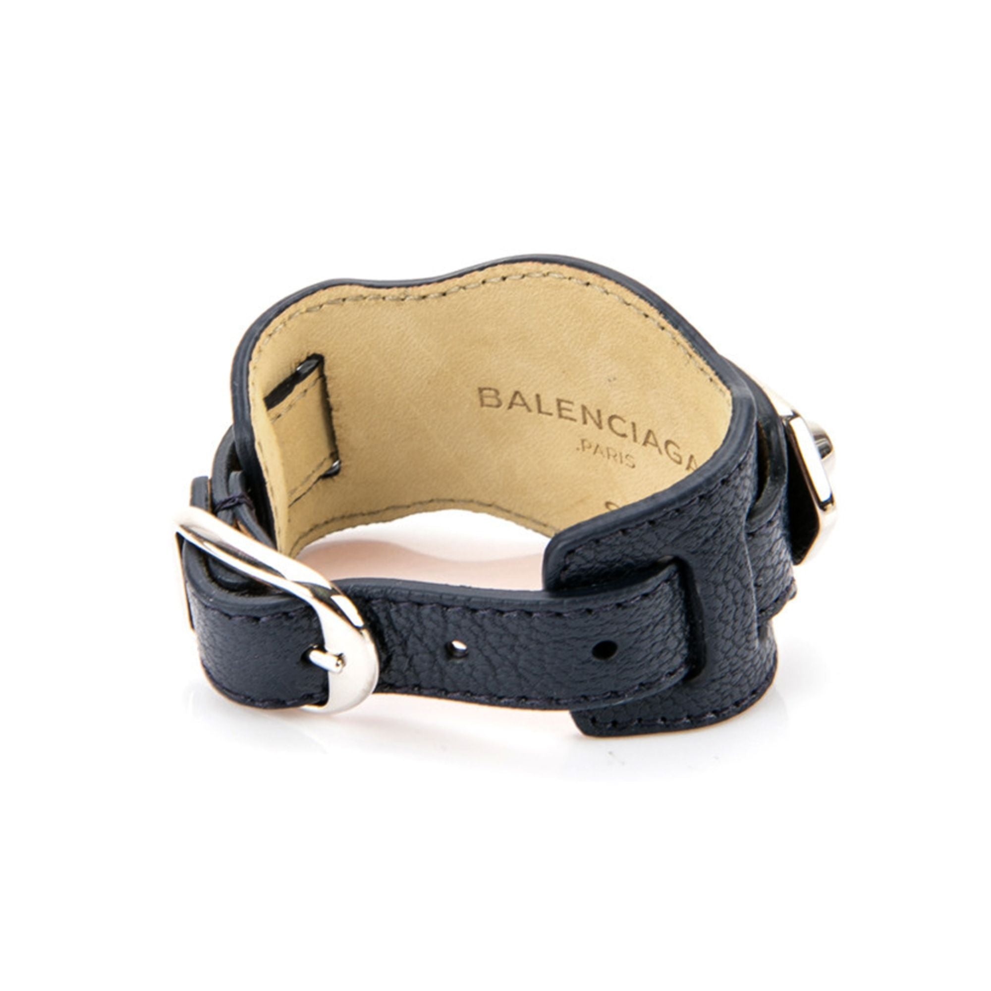 Balenciaga Black Shiny Calfskin Leather Studs Buckle Bracelet 390642 at_Queen_Bee_of_Beverly_Hills