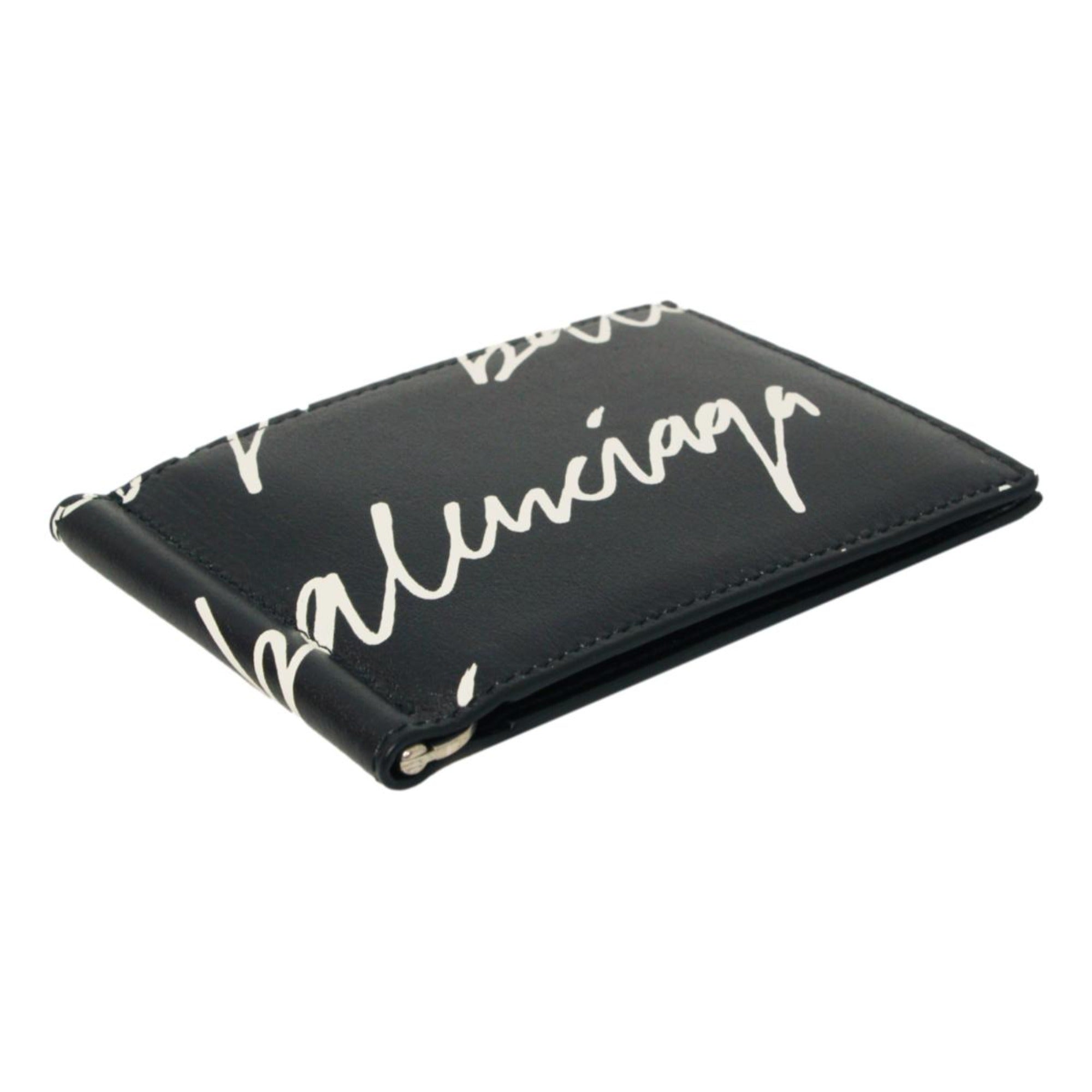 Balenciaga Cash Black Leather Scribble Logo Money Clip Wallet 625819 at_Queen_Bee_of_Beverly_Hills