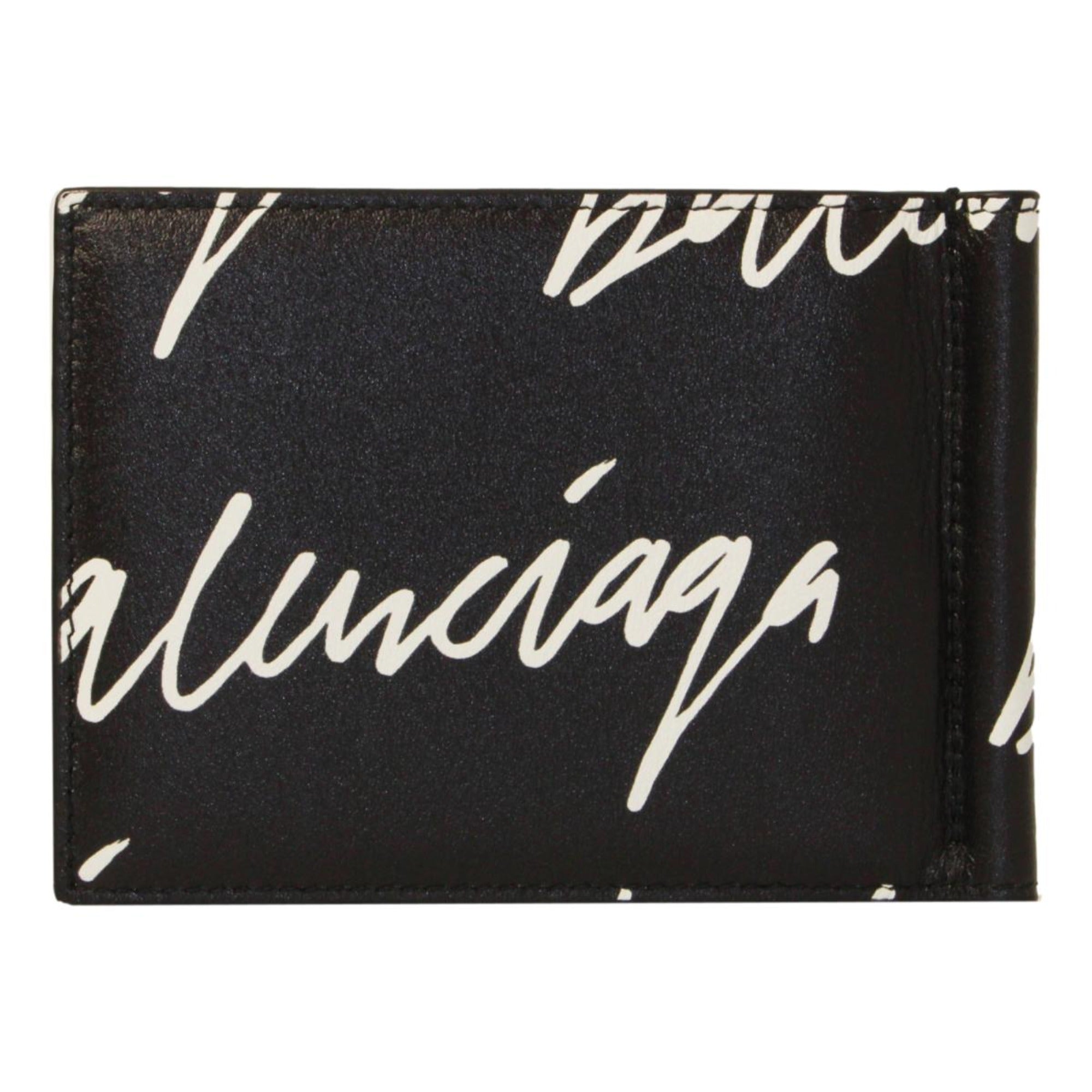 Balenciaga Cash Black Leather Scribble Logo Money Clip Wallet 625819 at_Queen_Bee_of_Beverly_Hills