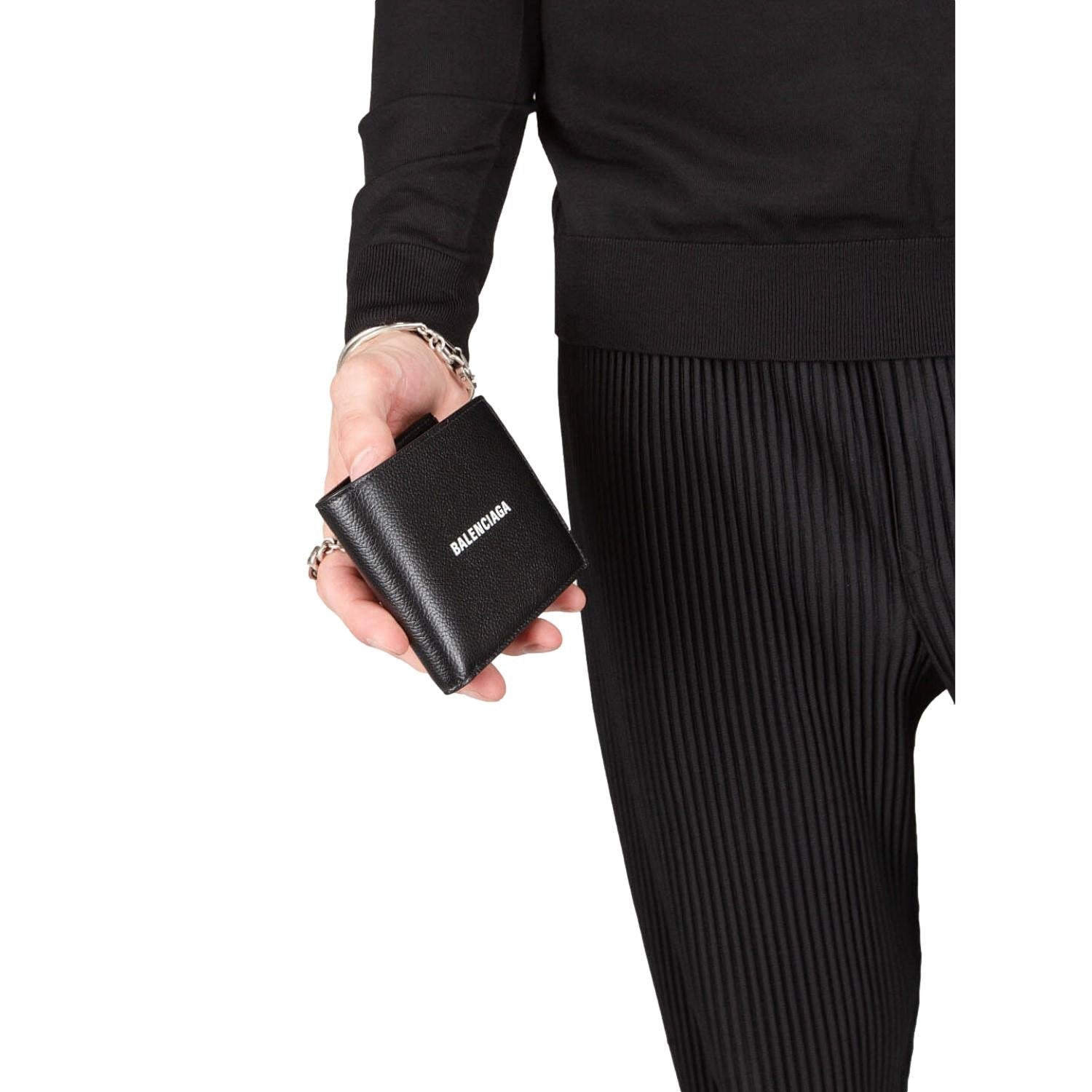 Balenciaga Cash Square Black Calfskin Leather Logo Bifold Wallet 594549 at_Queen_Bee_of_Beverly_Hills