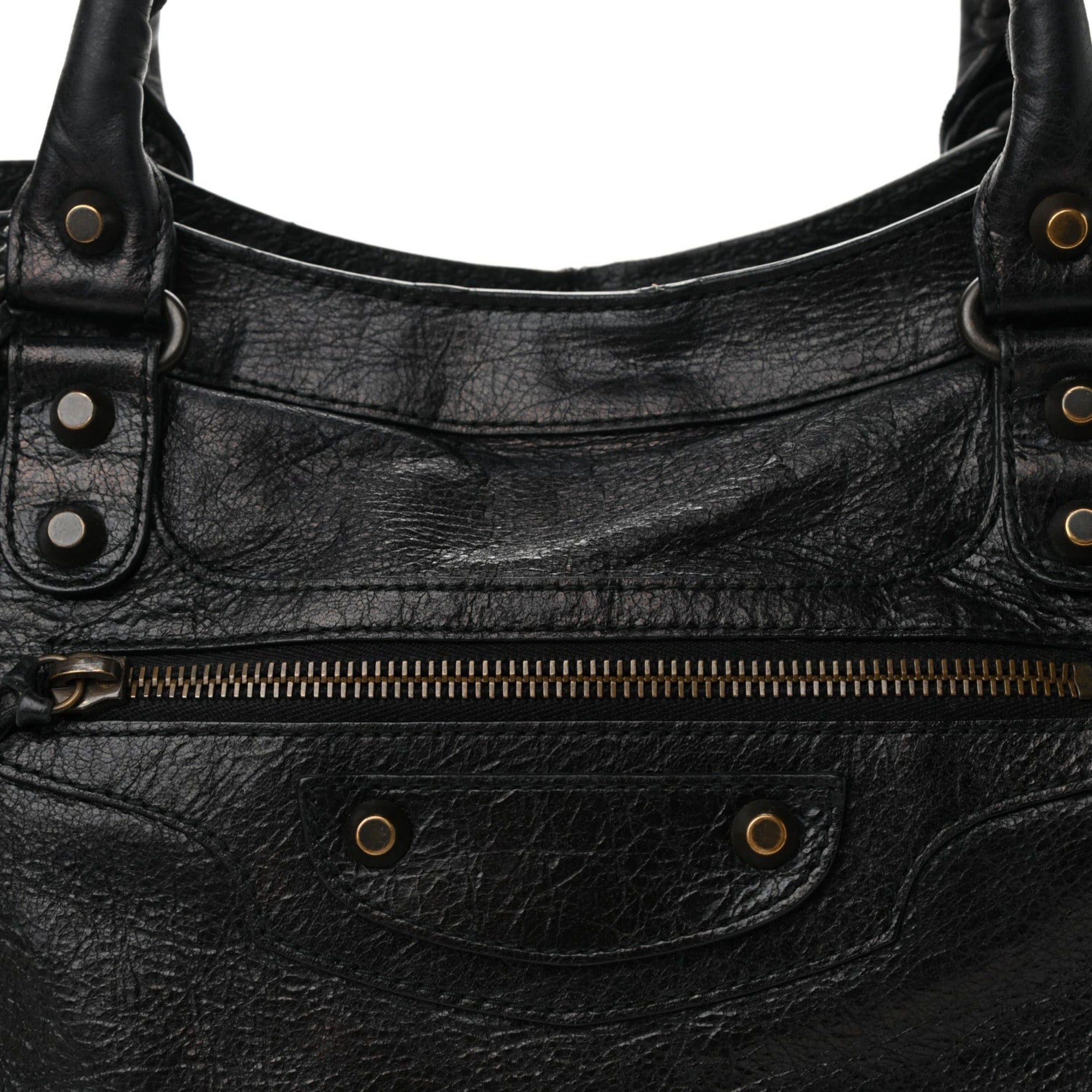 Balenciaga Classic City Black Arena Leather Logo Strap Satchel 505550 at_Queen_Bee_of_Beverly_Hills