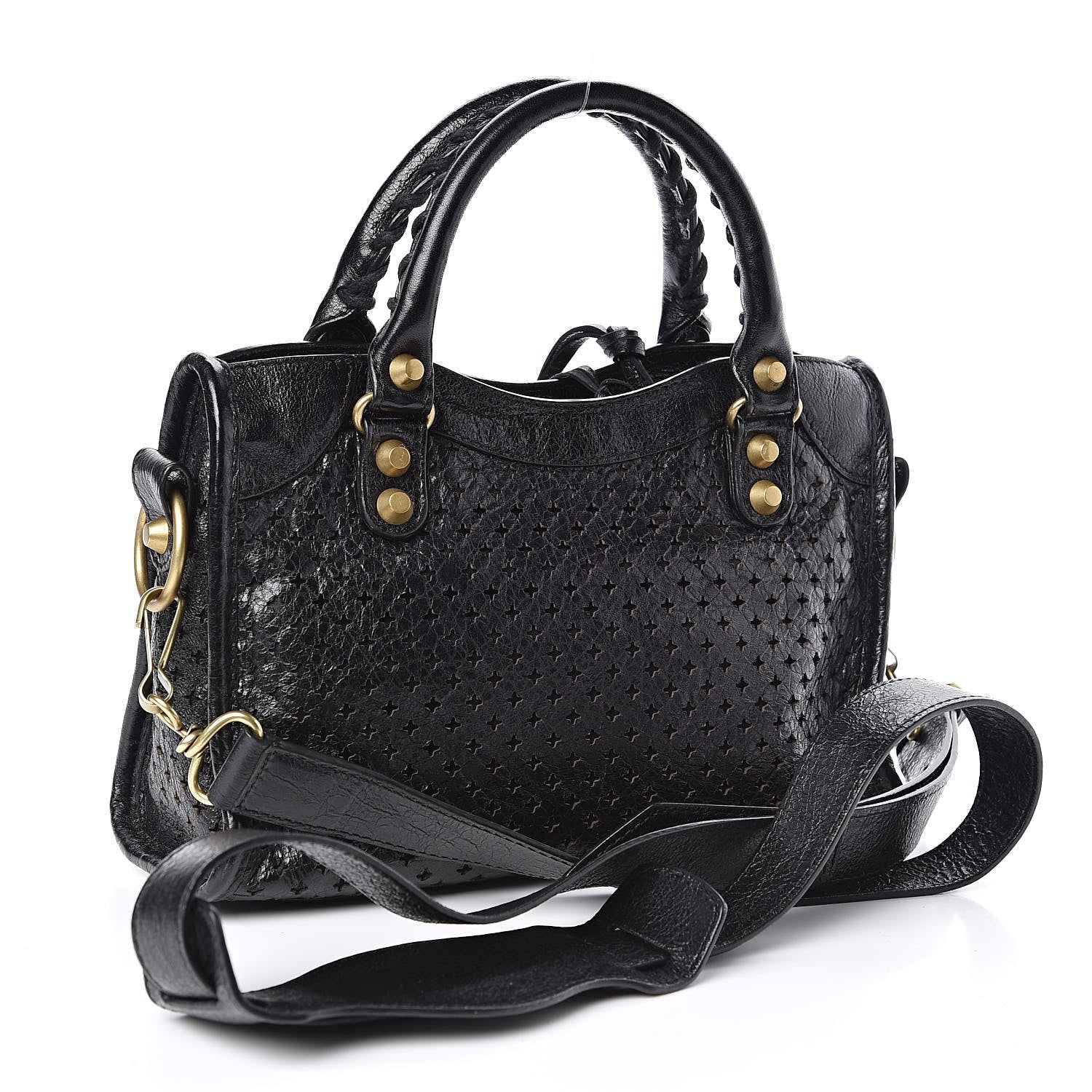 Balenciaga Classic City Black Leather Perforated Mini Satchel Bag 501065 at_Queen_Bee_of_Beverly_Hills