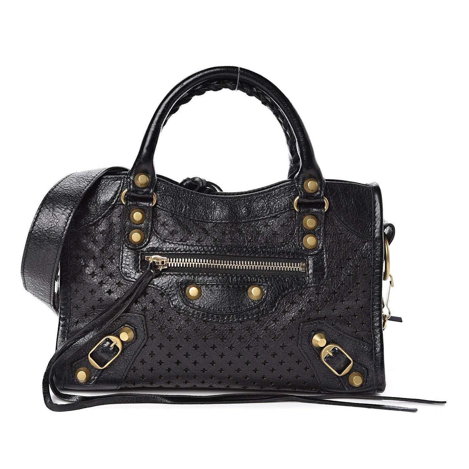 Balenciaga Classic City Black Leather Perforated Mini Satchel Bag 501065 at_Queen_Bee_of_Beverly_Hills