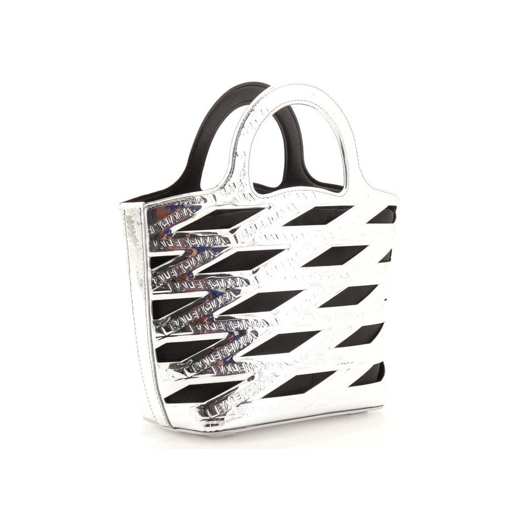 Balenciaga Neo Backet Metallic Silver Leather Small Satchel Bag 630708 at_Queen_Bee_of_Beverly_Hills