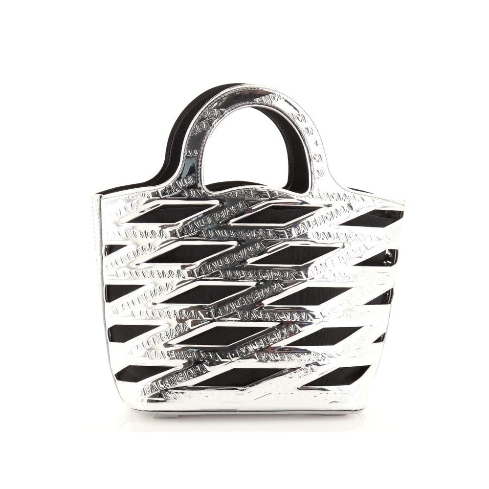 Balenciaga Neo Backet Metallic Silver Leather Small Satchel Bag 630708 at_Queen_Bee_of_Beverly_Hills