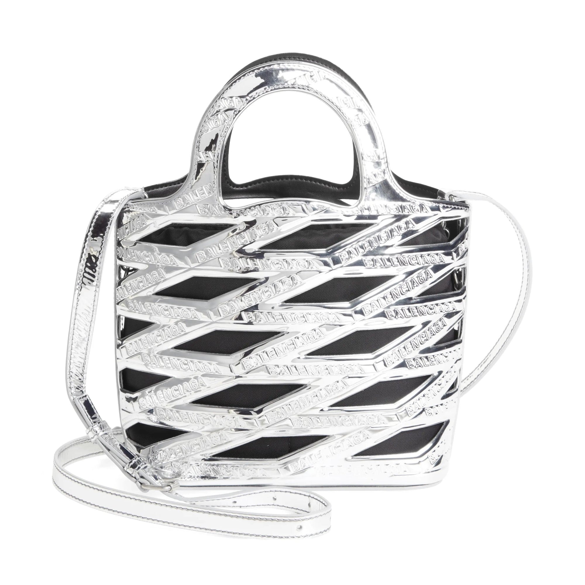 Balenciaga Neo Backet Metallic Silver Leather Small Satchel Bag 630708 at_Queen_Bee_of_Beverly_Hills