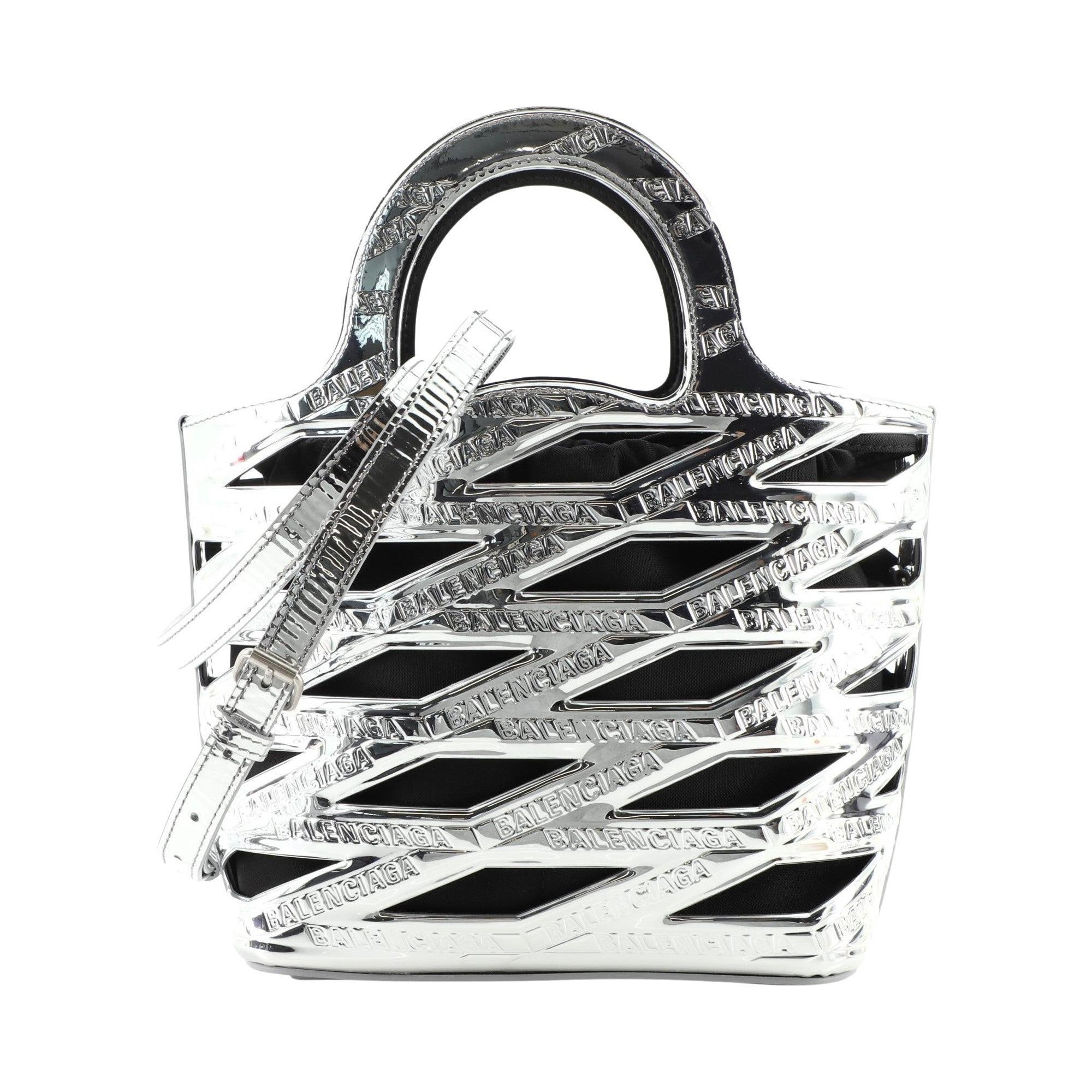 Balenciaga Neo Backet Metallic Silver Leather Small Satchel Bag 630708 at_Queen_Bee_of_Beverly_Hills