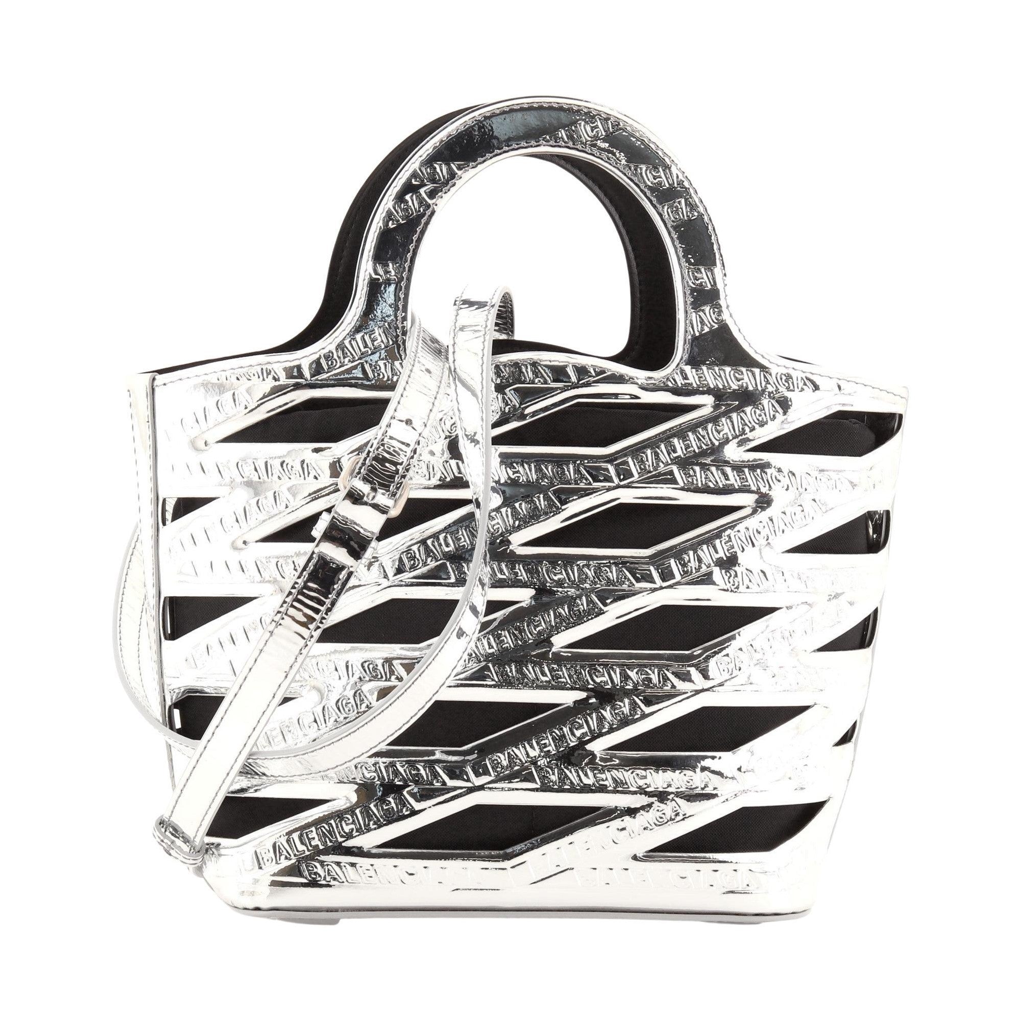 Balenciaga Neo Backet Metallic Silver Leather Small Satchel Bag 630708 at_Queen_Bee_of_Beverly_Hills