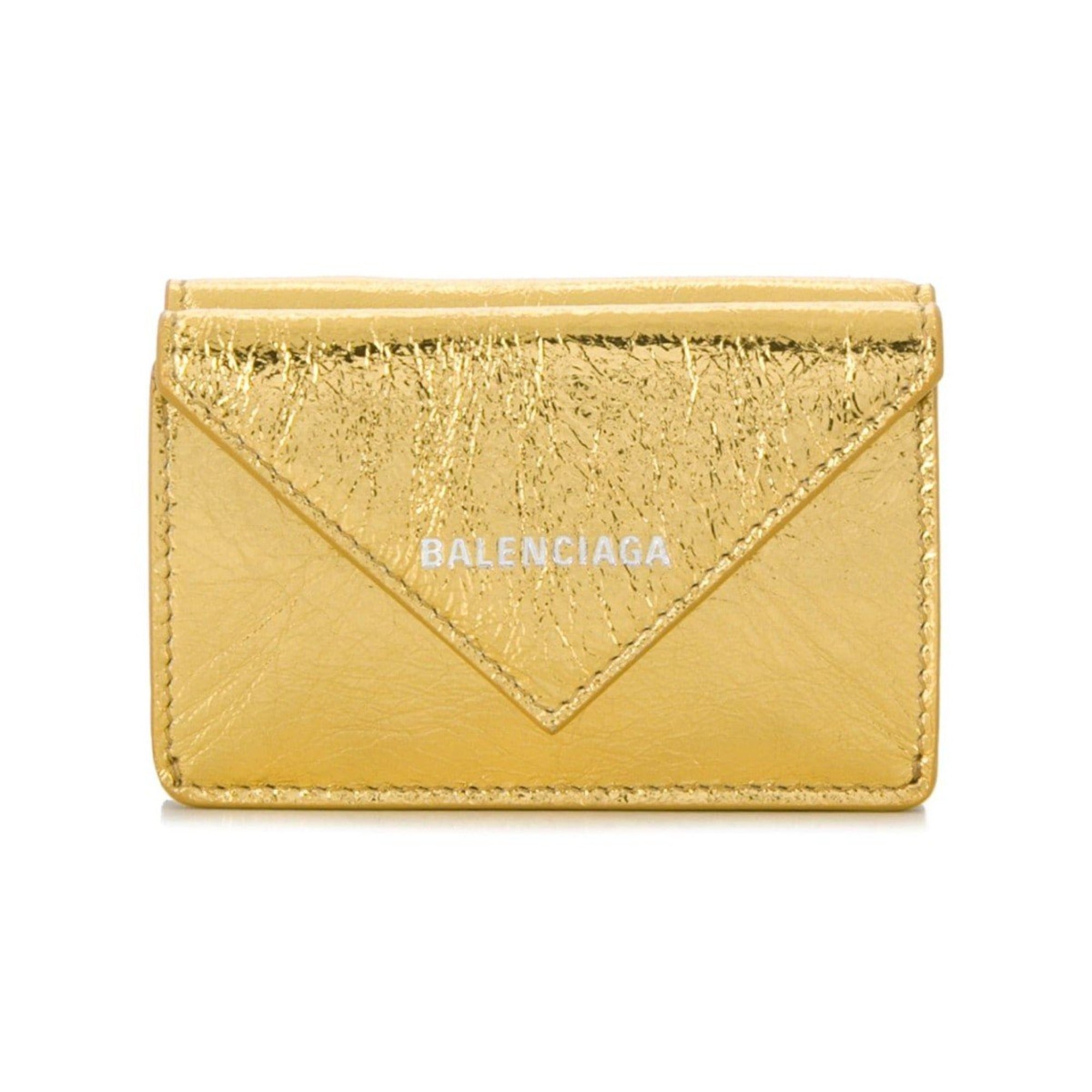 Balenciaga Papier Metallic Gold Arena Lambskin Leather Mini Trifold Wallet 391446 at_Queen_Bee_of_Beverly_Hills