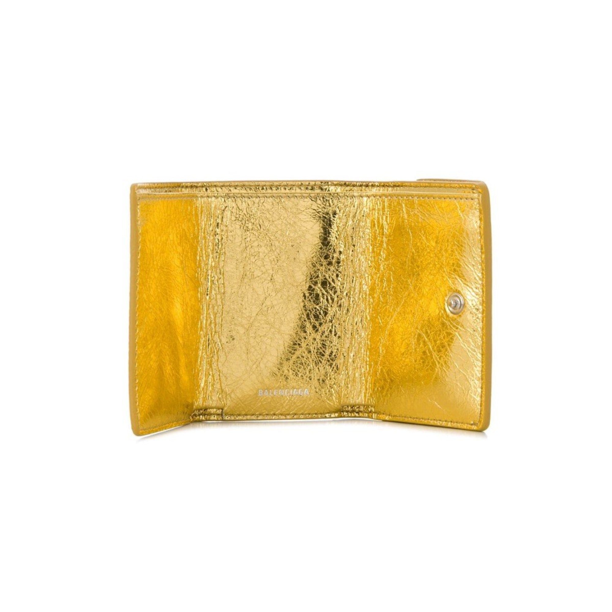 Balenciaga Papier Metallic Gold Arena Lambskin Leather Mini Trifold Wallet 391446 at_Queen_Bee_of_Beverly_Hills