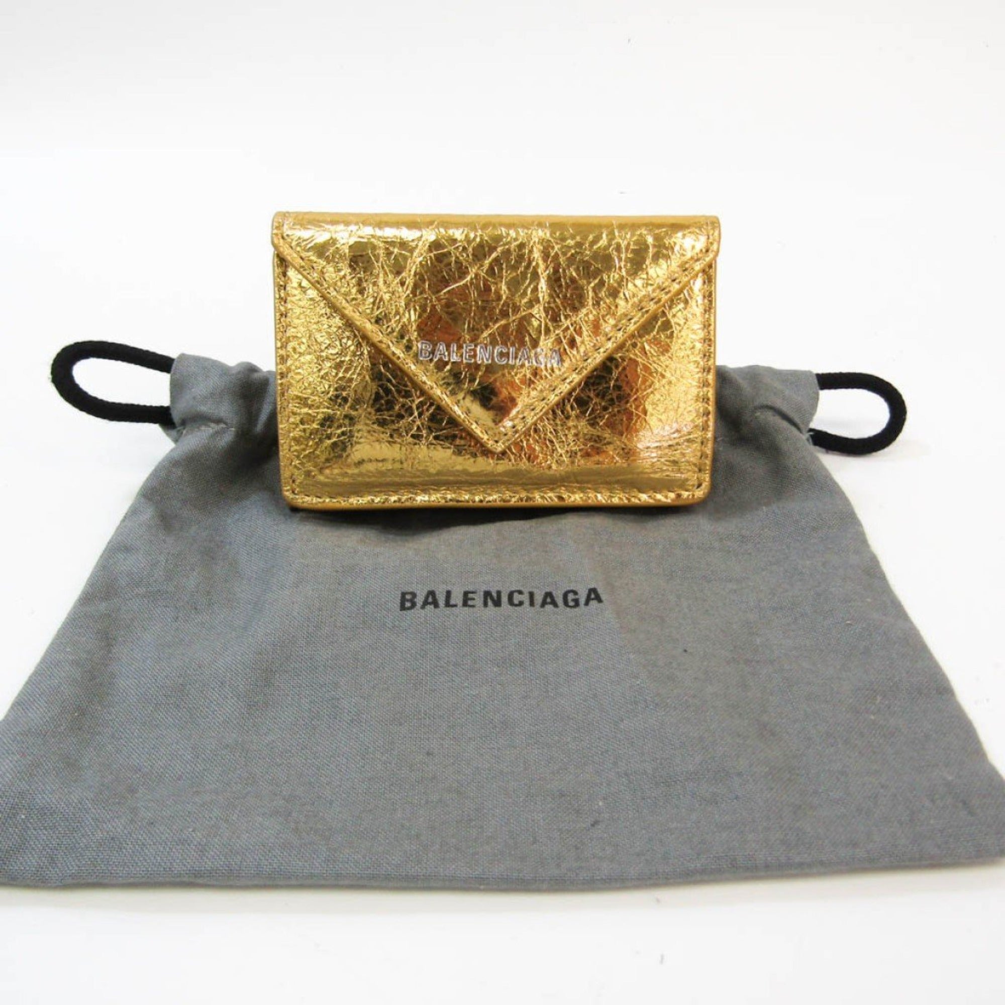 Balenciaga Papier Metallic Gold Arena Lambskin Leather Mini Trifold Wallet 391446 at_Queen_Bee_of_Beverly_Hills