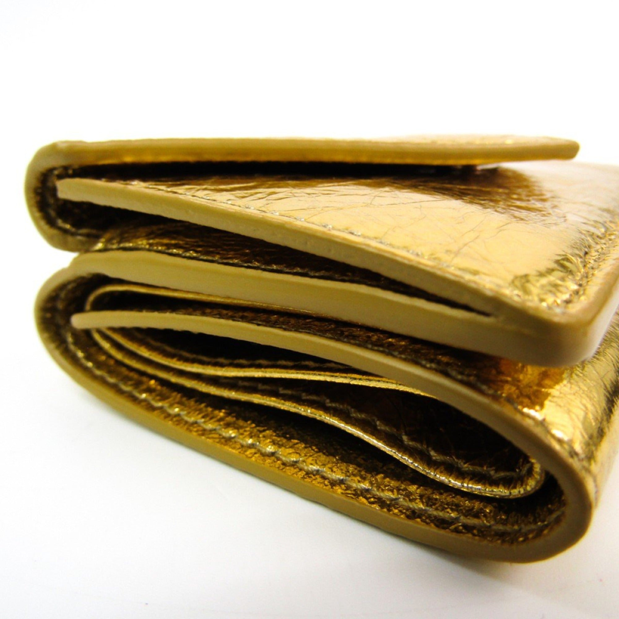 Balenciaga Papier Metallic Gold Arena Lambskin Leather Mini Trifold Wallet 391446 at_Queen_Bee_of_Beverly_Hills