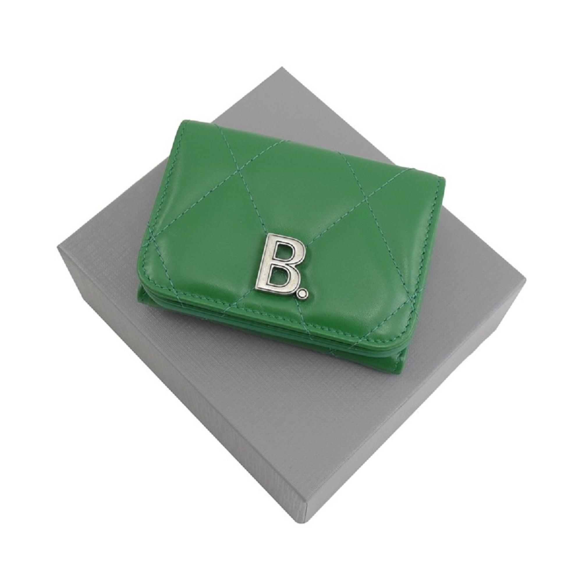 Balenciaga Touch Leaf Green Nappa Leather Quilted Mini Trifold Wallet 617781 at_Queen_Bee_of_Beverly_Hills
