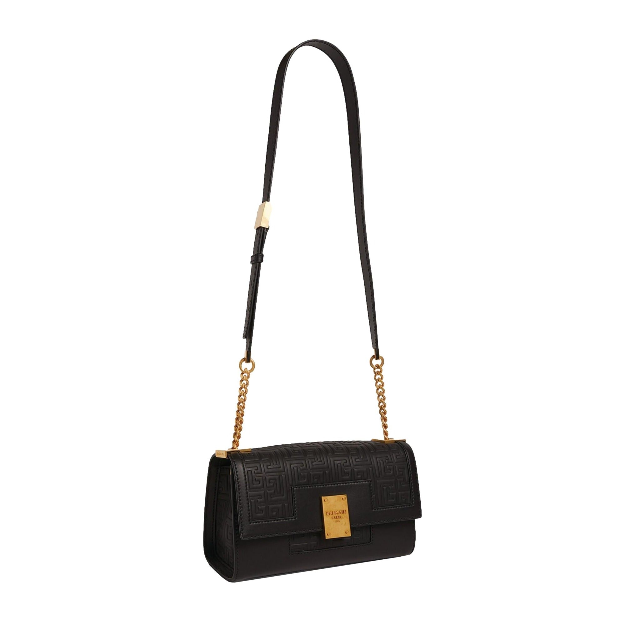 Balmain 1945 Black Leather Embossed Flap Medium Shoulder Bag at_Queen_Bee_of_Beverly_Hills