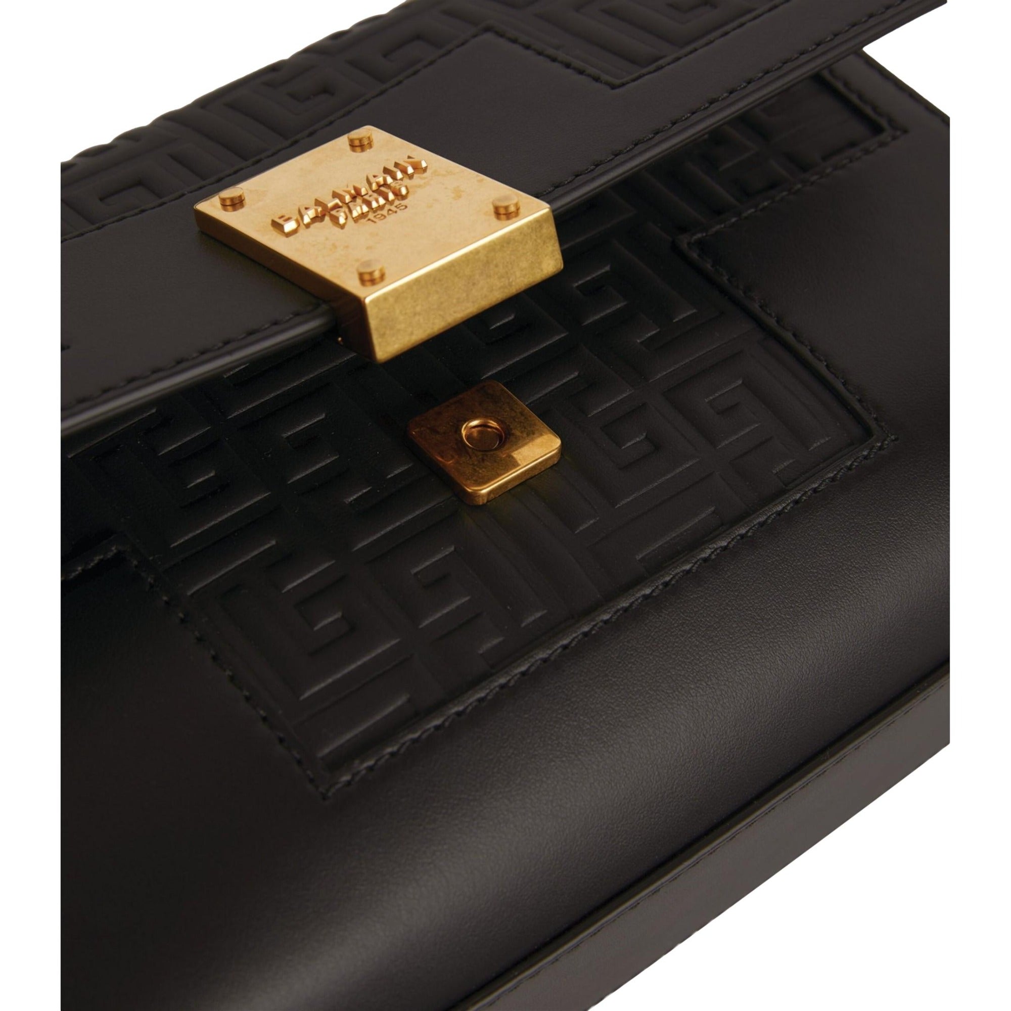 Balmain 1945 Black Leather Embossed Flap Medium Shoulder Bag at_Queen_Bee_of_Beverly_Hills