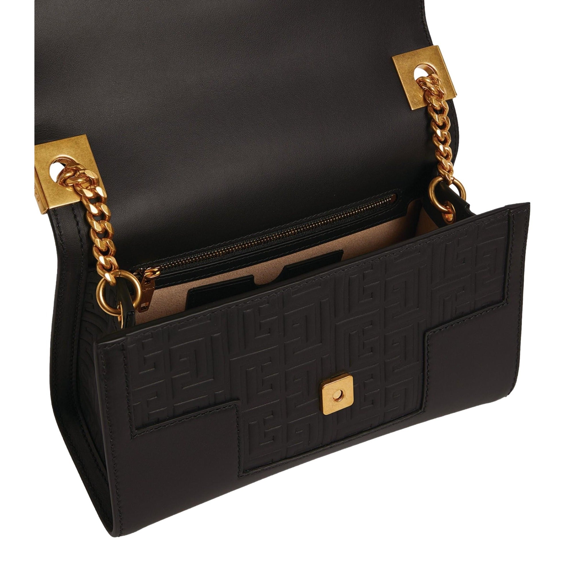 Balmain 1945 Black Leather Embossed Flap Medium Shoulder Bag at_Queen_Bee_of_Beverly_Hills