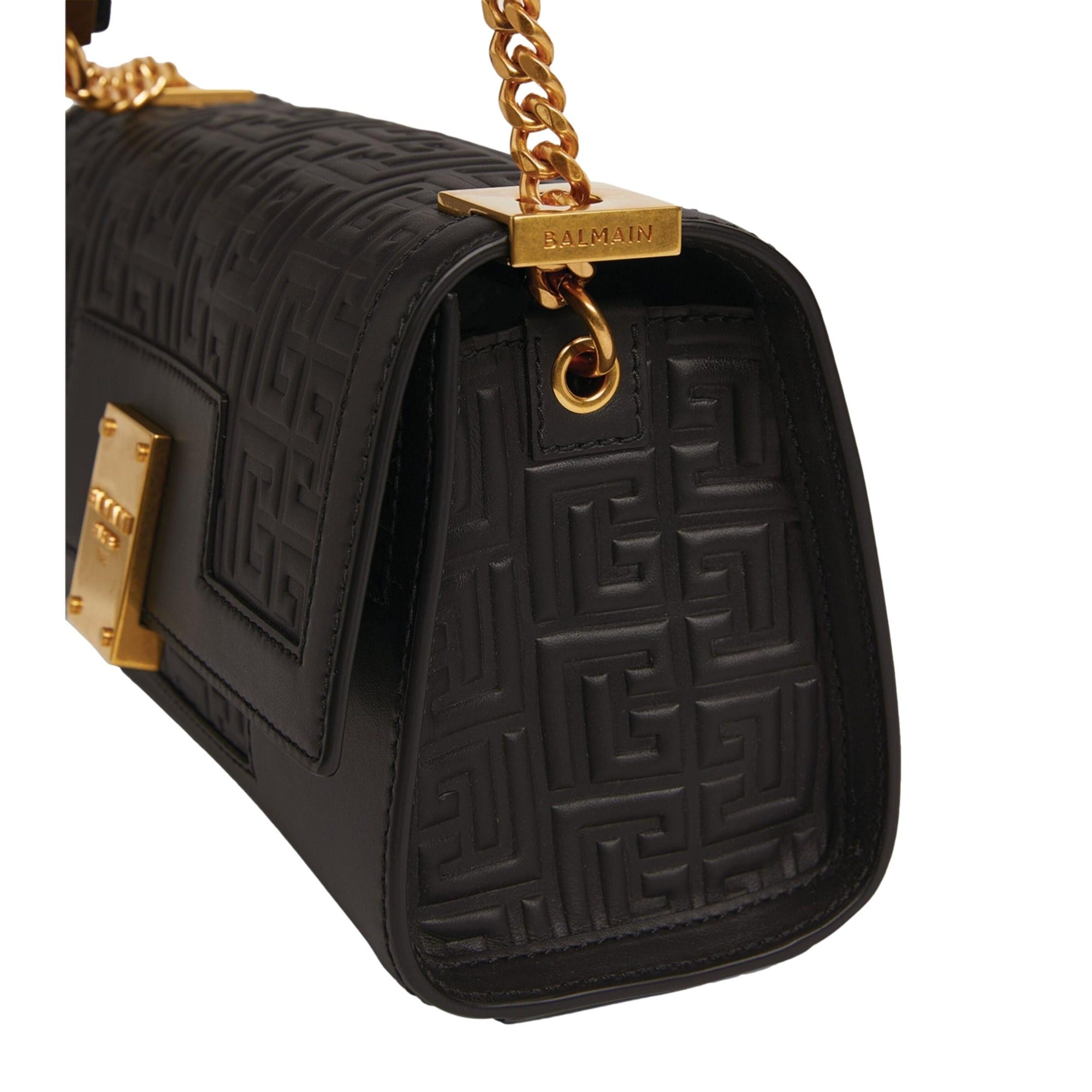 Balmain 1945 Black Leather Embossed Flap Medium Shoulder Bag at_Queen_Bee_of_Beverly_Hills