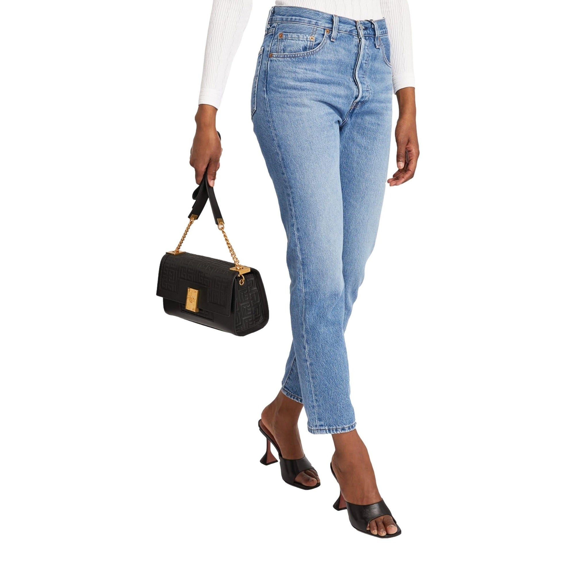 Balmain 1945 Black Leather Embossed Flap Medium Shoulder Bag at_Queen_Bee_of_Beverly_Hills