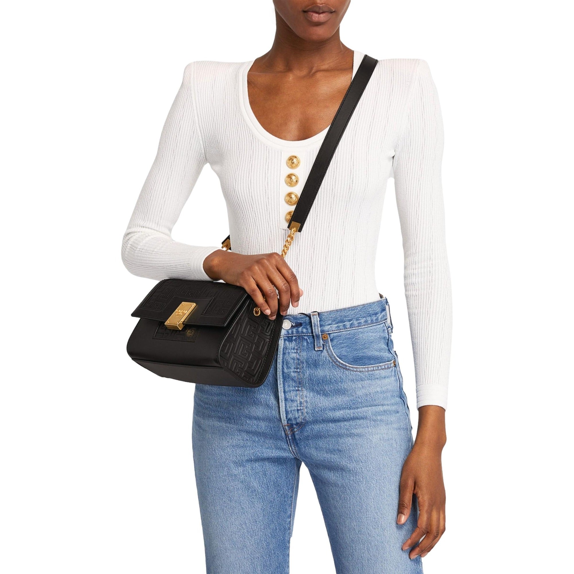 Balmain 1945 Black Leather Embossed Flap Medium Shoulder Bag at_Queen_Bee_of_Beverly_Hills
