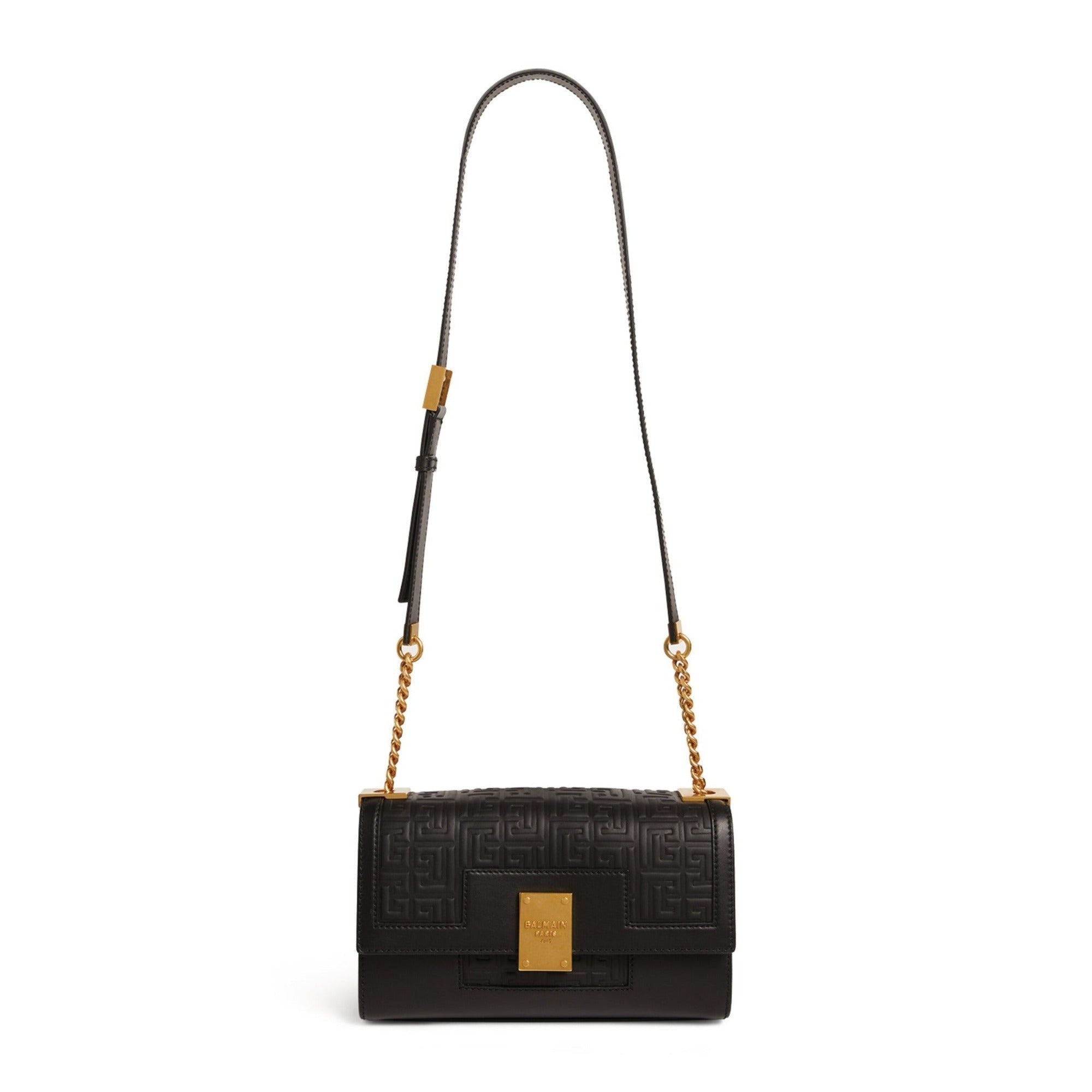 Balmain 1945 Black Leather Embossed Flap Medium Shoulder Bag at_Queen_Bee_of_Beverly_Hills