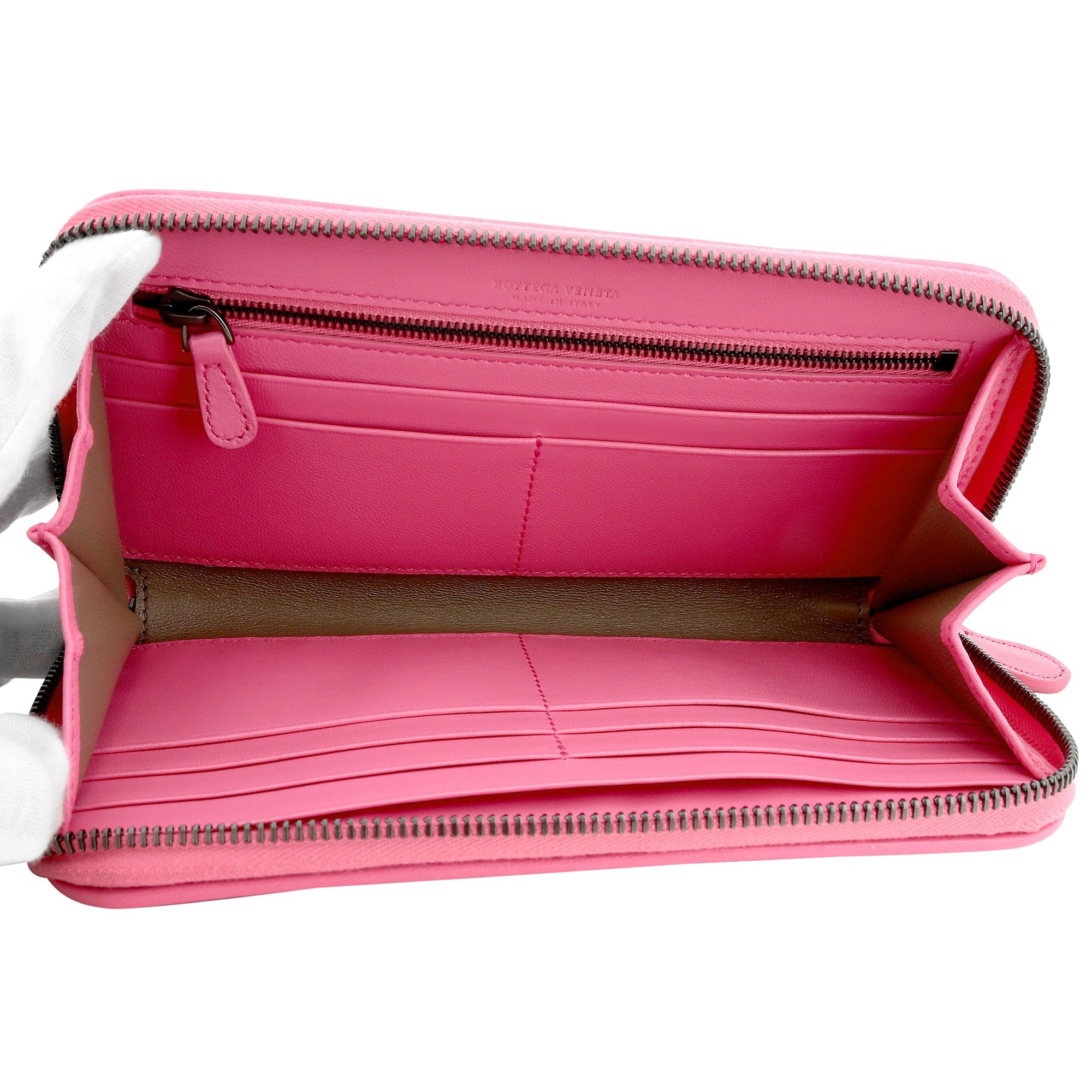 Bottega Veneta Intrecciato Zipper French Calf Leather Wallet Pink at_Queen_Bee_of_Beverly_Hills