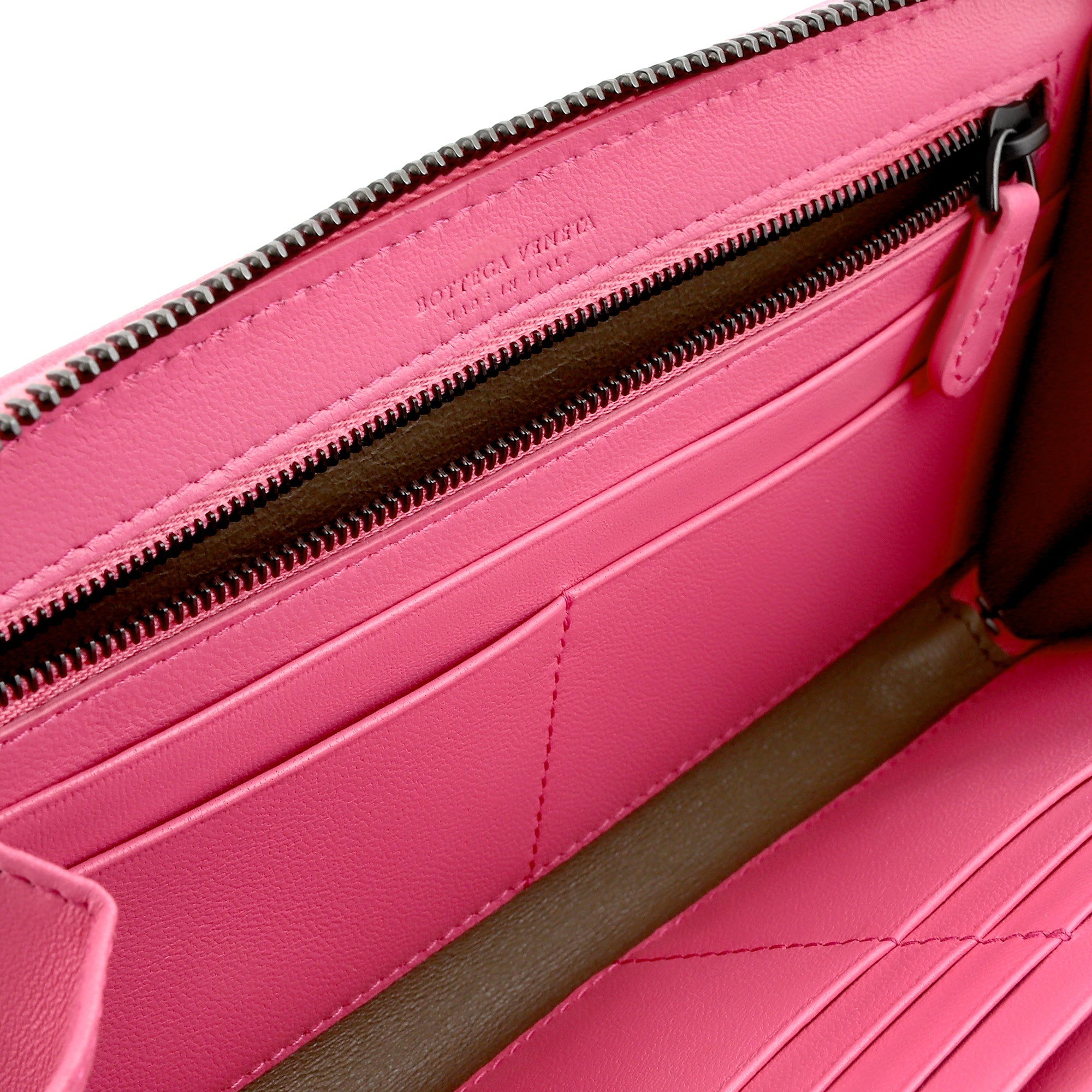 Bottega Veneta Intrecciato Zipper French Calf Leather Wallet Pink at_Queen_Bee_of_Beverly_Hills