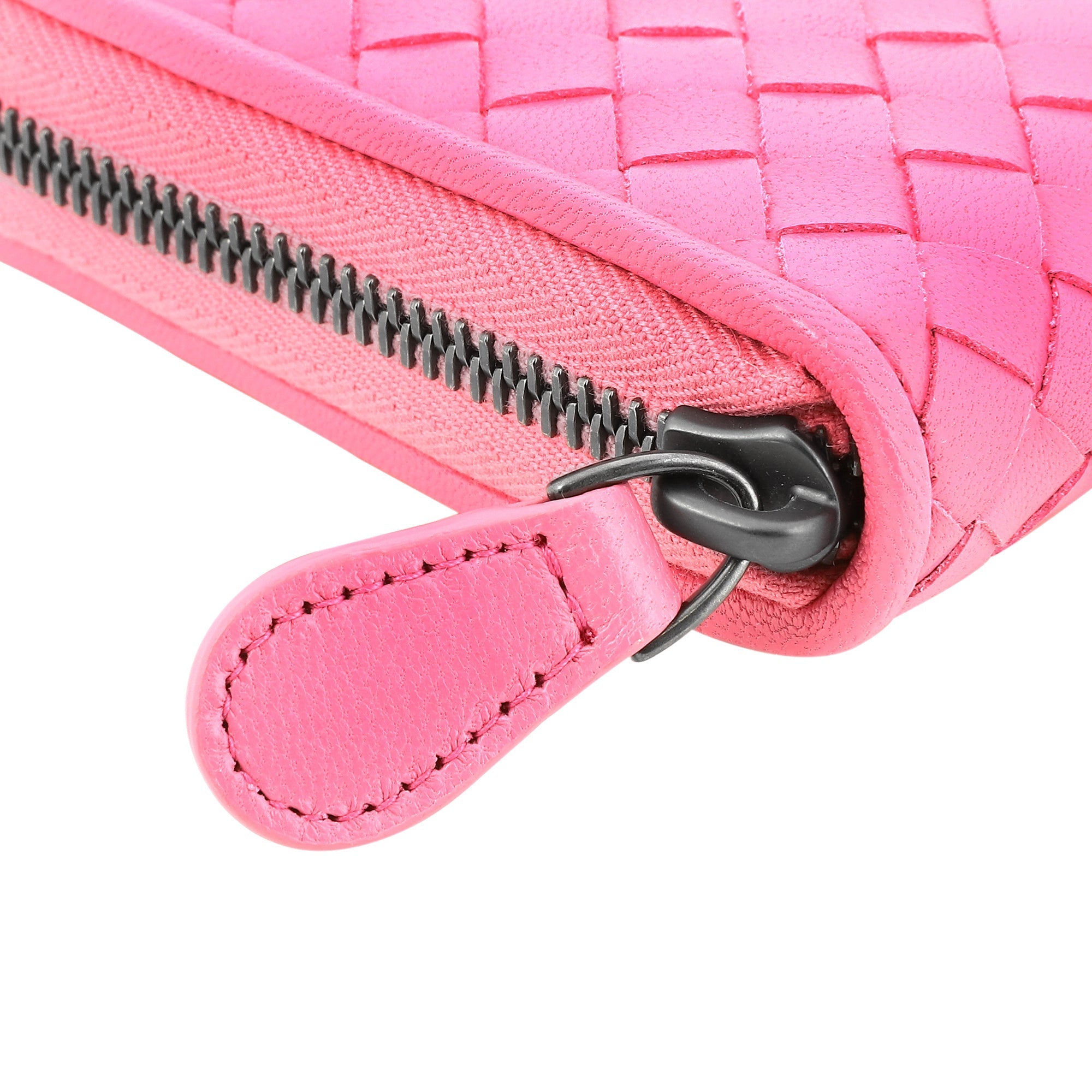 Bottega Veneta Intrecciato Zipper French Calf Leather Wallet Pink at_Queen_Bee_of_Beverly_Hills