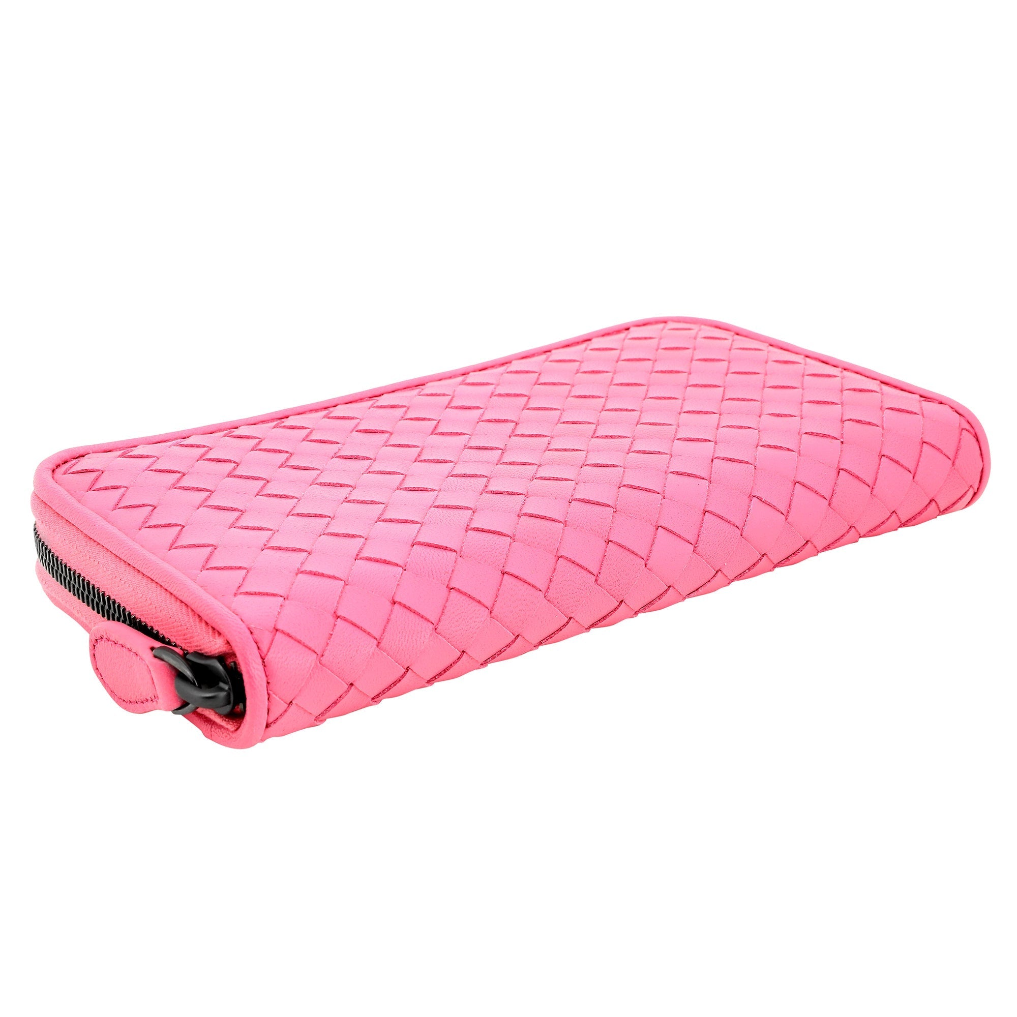 Bottega Veneta Intrecciato Zipper French Calf Leather Wallet Pink at_Queen_Bee_of_Beverly_Hills