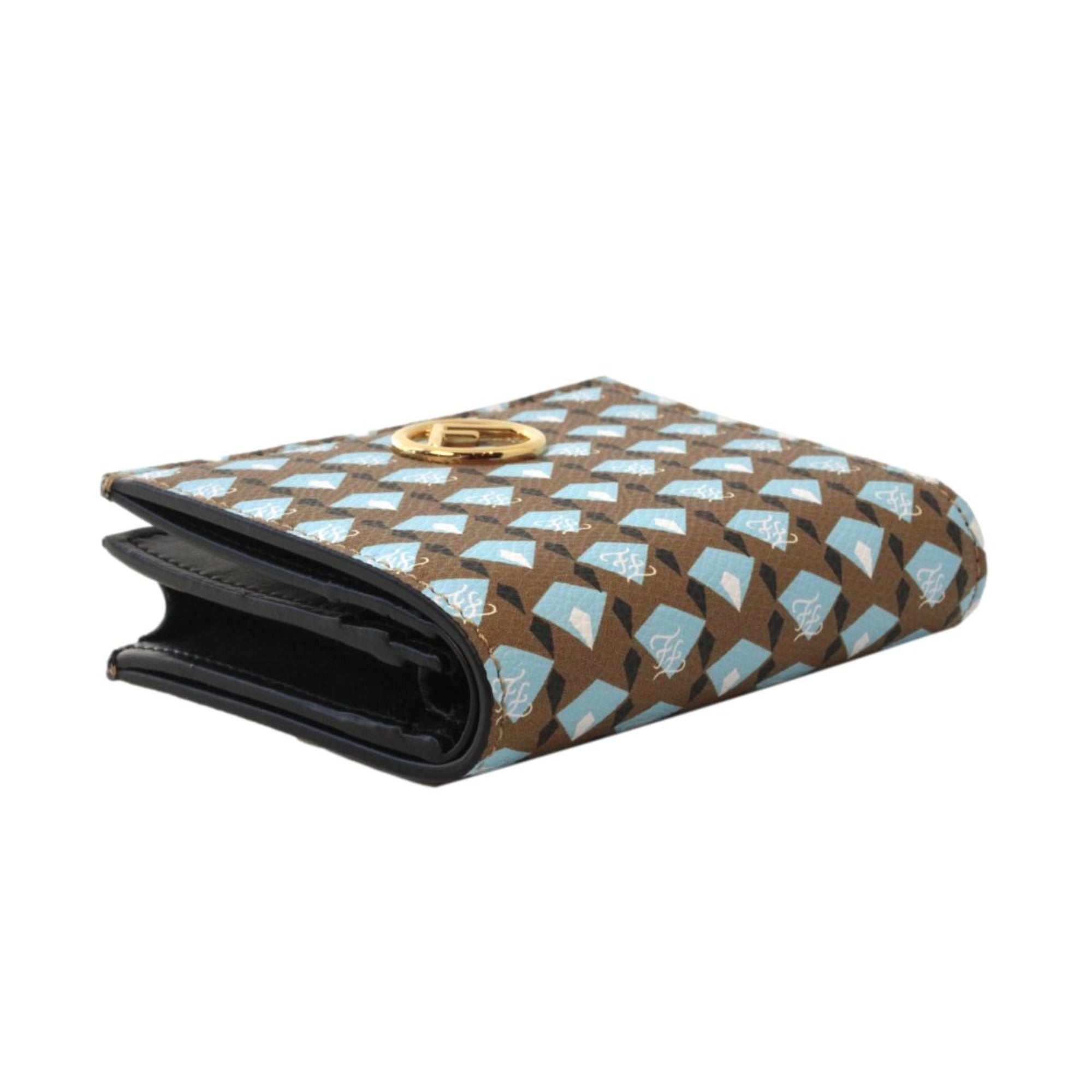 Fendi Calf Leather F Logo Blue Brown Small Bifold Wallet 8M0420 at_Queen_Bee_of_Beverly_Hills