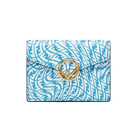 Fendi F is Fendi Cyber Blue Leather Vertigo Print Small Trifold Wallet 8M0395 at_Queen_Bee_of_Beverly_Hills