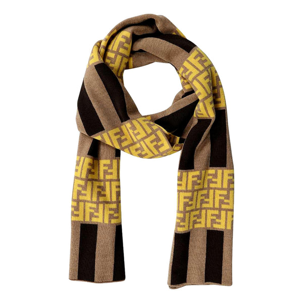 Fendi FF Print Striped Brown and Yellow Knitted Wool Scarf FXS124