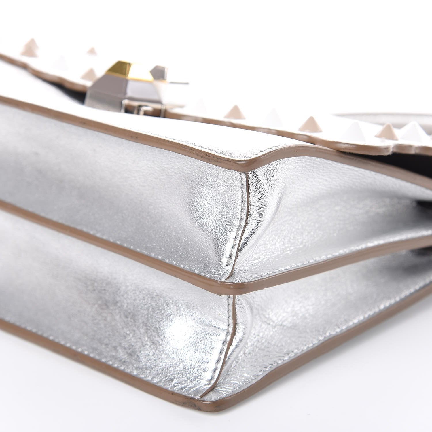 Fendi Kan I Metallic Silver Calfskin Scalloped Studded Small Shoulder Bag 8M0381 at_Queen_Bee_of_Beverly_Hills