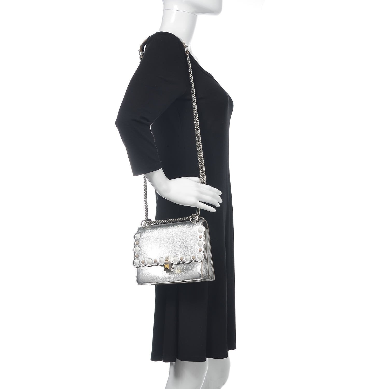 Fendi Kan I Metallic Silver Calfskin Scalloped Studded Small Shoulder Bag 8M0381 at_Queen_Bee_of_Beverly_Hills